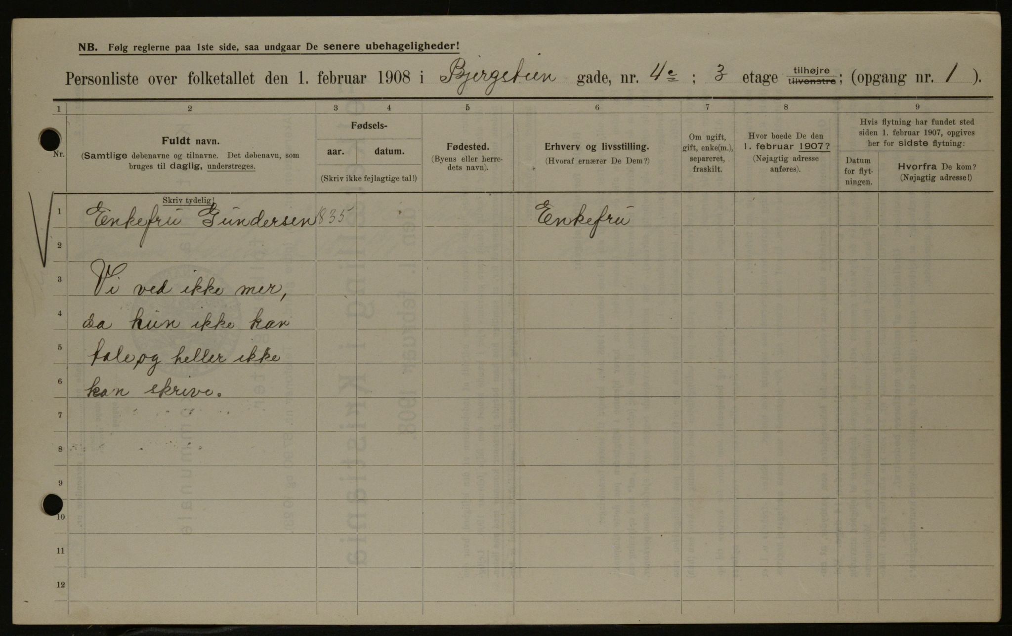 OBA, Municipal Census 1908 for Kristiania, 1908, p. 4366