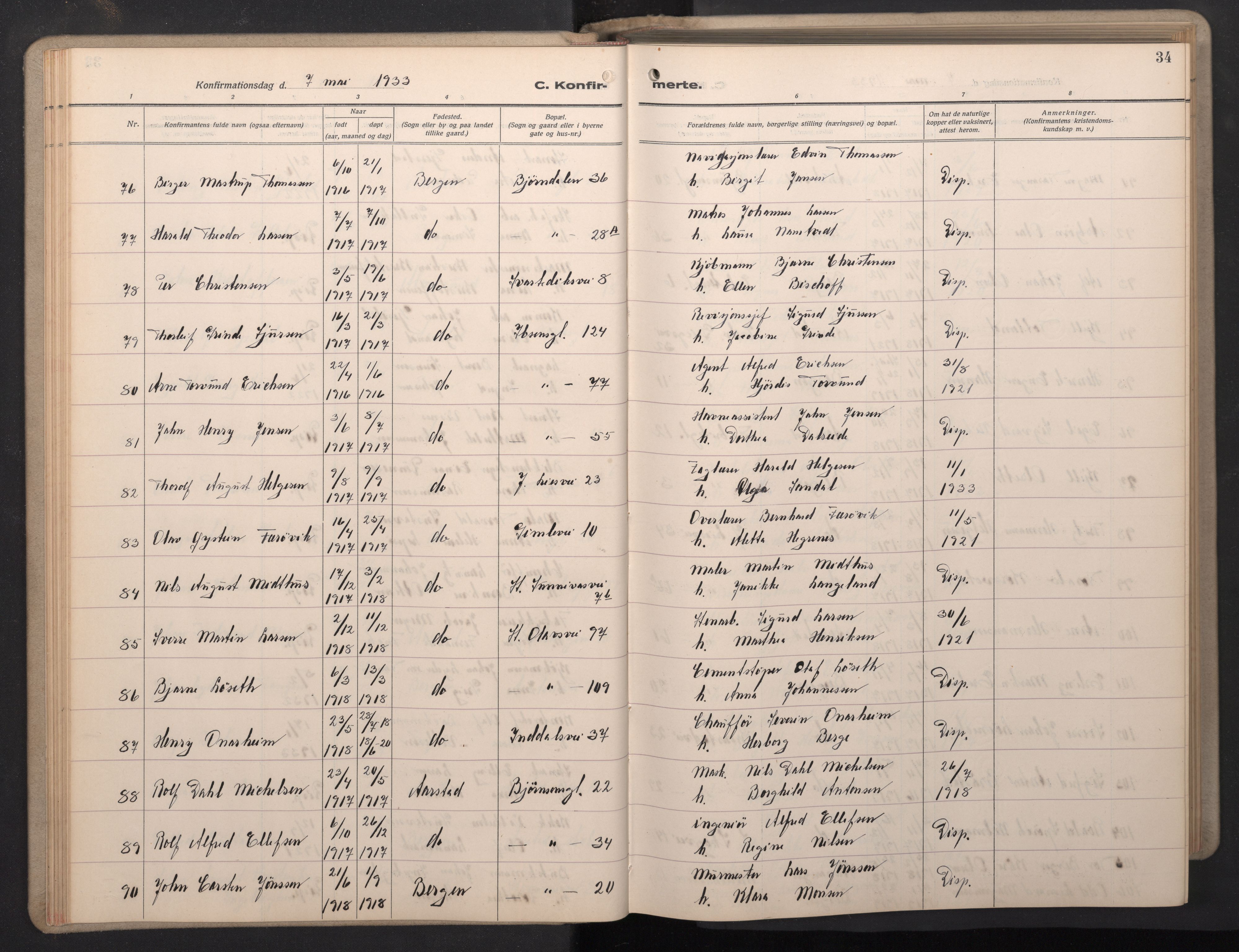 Årstad Sokneprestembete, AV/SAB-A-79301/H/Hab/L0015: Parish register (copy) no. B 5, 1932-1945, p. 33b-34a