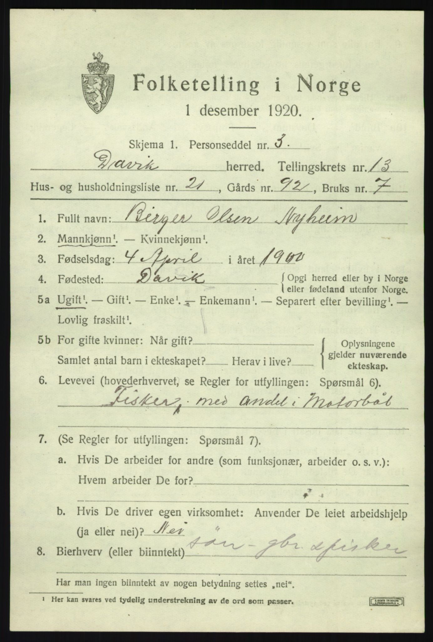 SAB, 1920 census for Davik, 1920, p. 6361