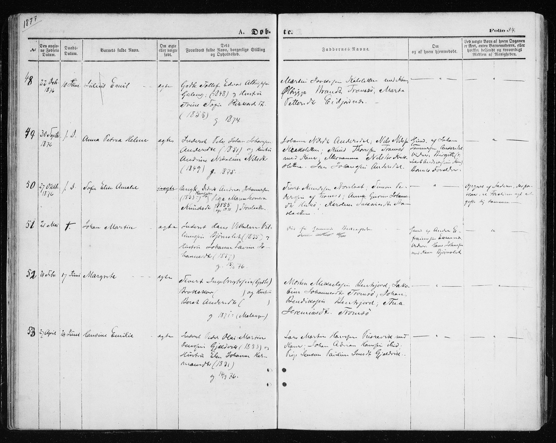 Tromsøysund sokneprestkontor, AV/SATØ-S-1304/G/Ga/L0003kirke: Parish register (official) no. 3, 1875-1880, p. 34