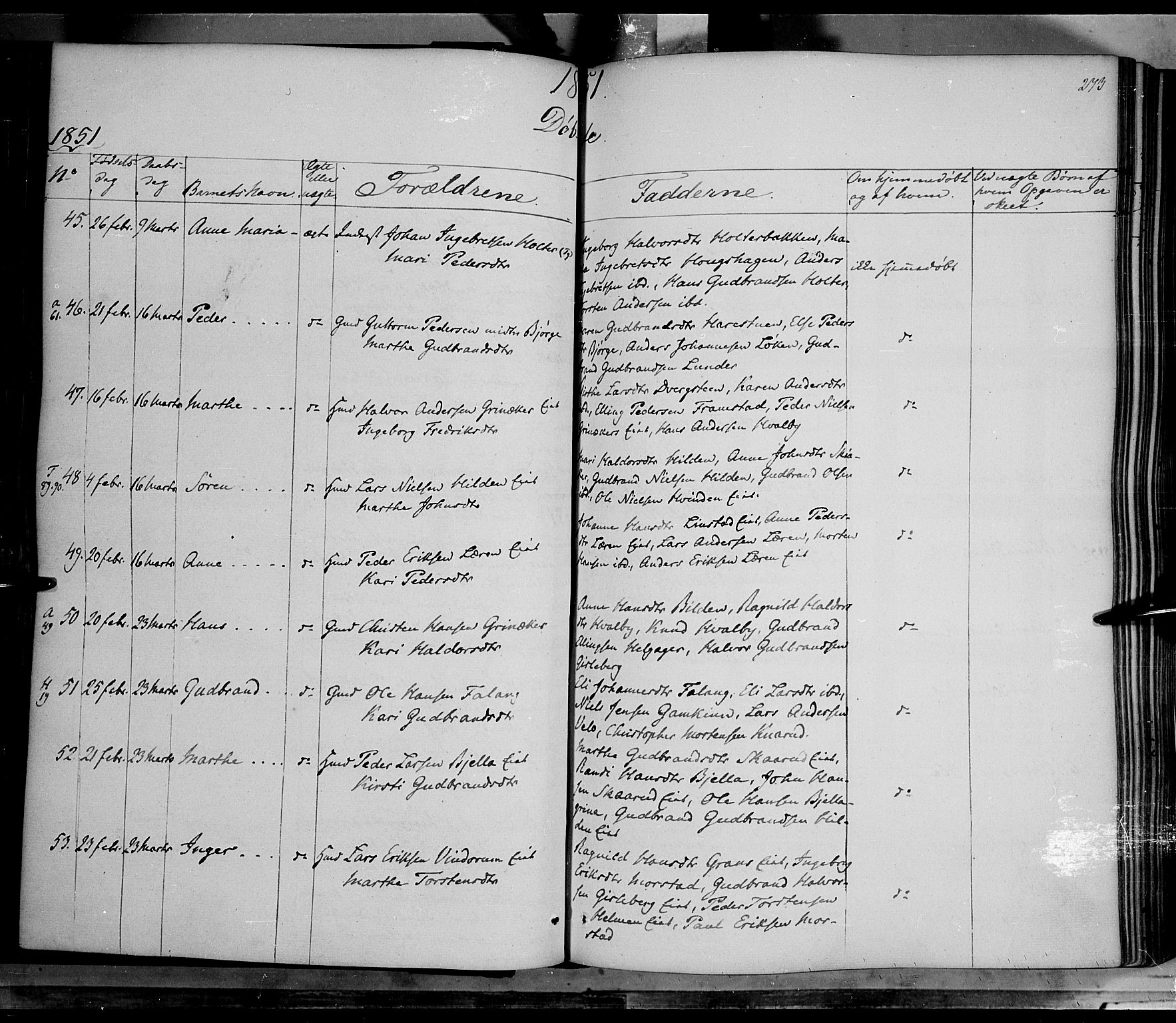 Gran prestekontor, AV/SAH-PREST-112/H/Ha/Haa/L0011: Parish register (official) no. 11, 1842-1856, p. 272-273