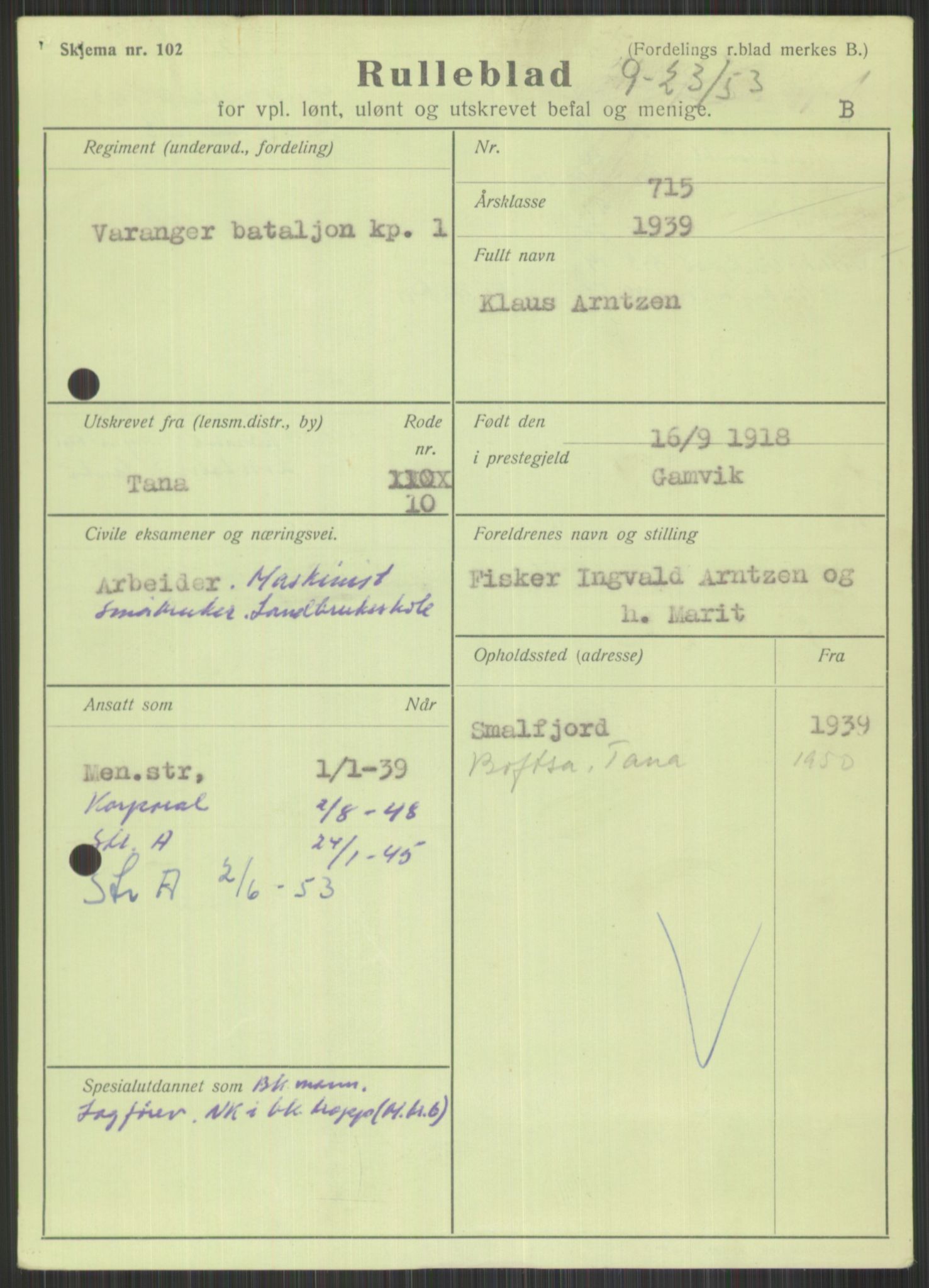 Forsvaret, Varanger bataljon, AV/RA-RAFA-2258/1/D/L0442: Rulleblad for fødte 1918-1919, 1918-1919, p. 21