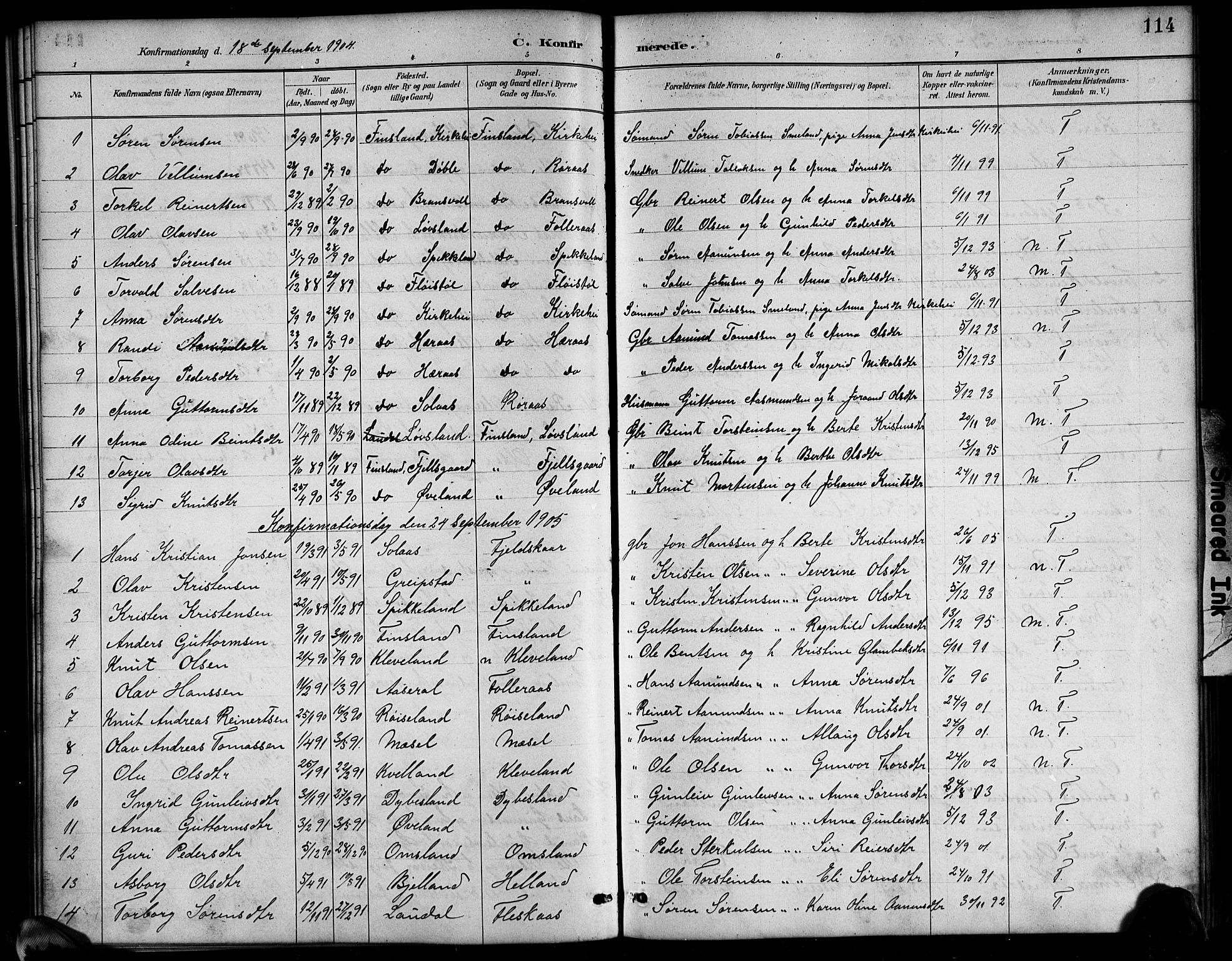Bjelland sokneprestkontor, SAK/1111-0005/F/Fb/Fbb/L0005: Parish register (copy) no. B 5, 1887-1918, p. 114