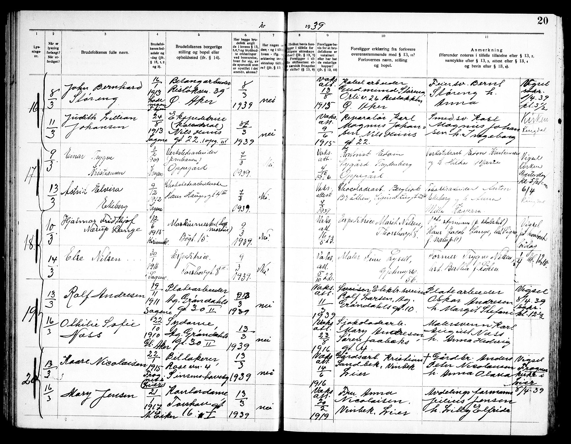 Torshov prestekontor Kirkebøker, AV/SAO-A-10238a/H/Ha/L0002: Banns register no. 2, 1938-1945, p. 20