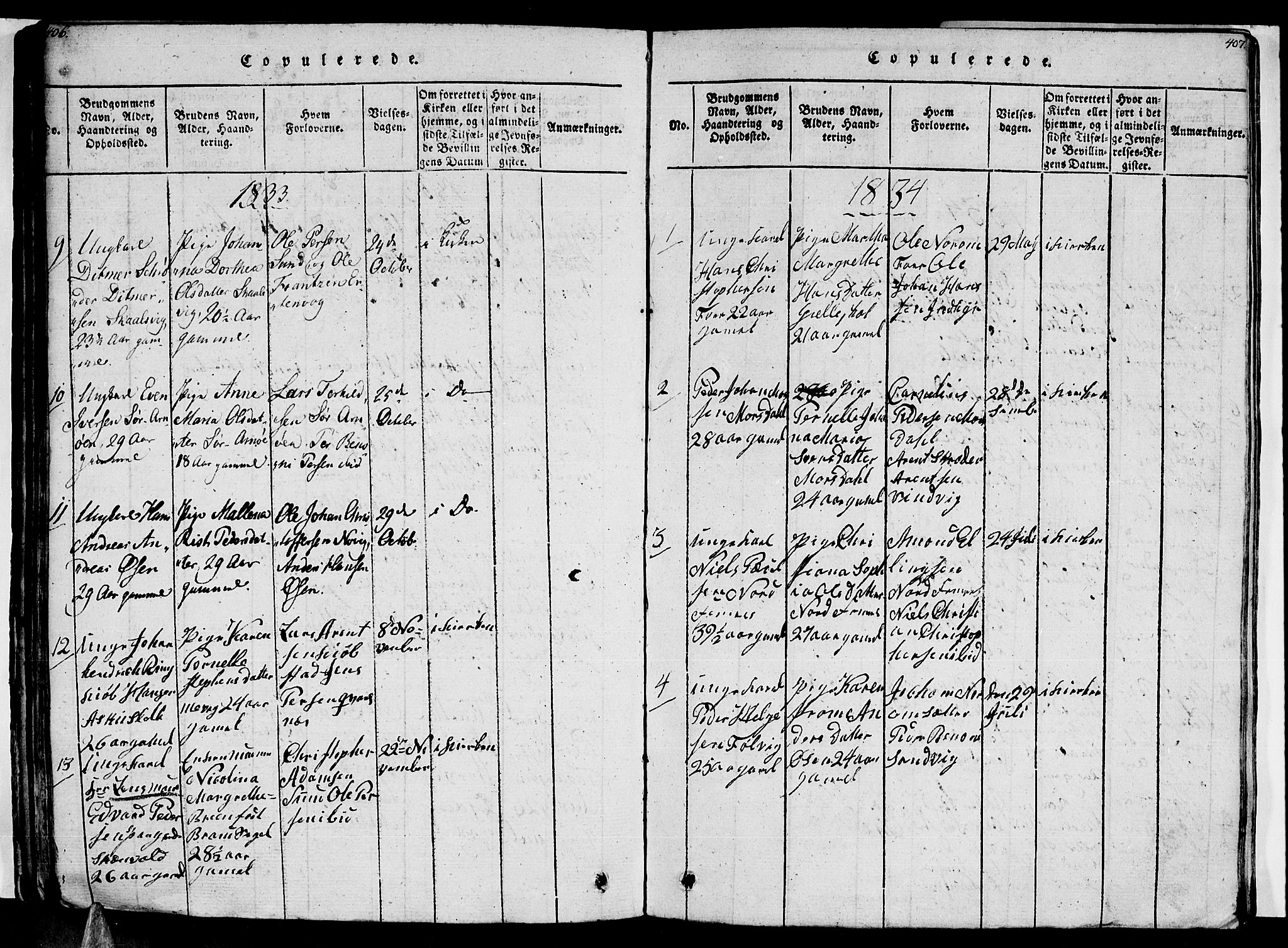 Ministerialprotokoller, klokkerbøker og fødselsregistre - Nordland, AV/SAT-A-1459/805/L0105: Parish register (copy) no. 805C01, 1820-1839, p. 406-407