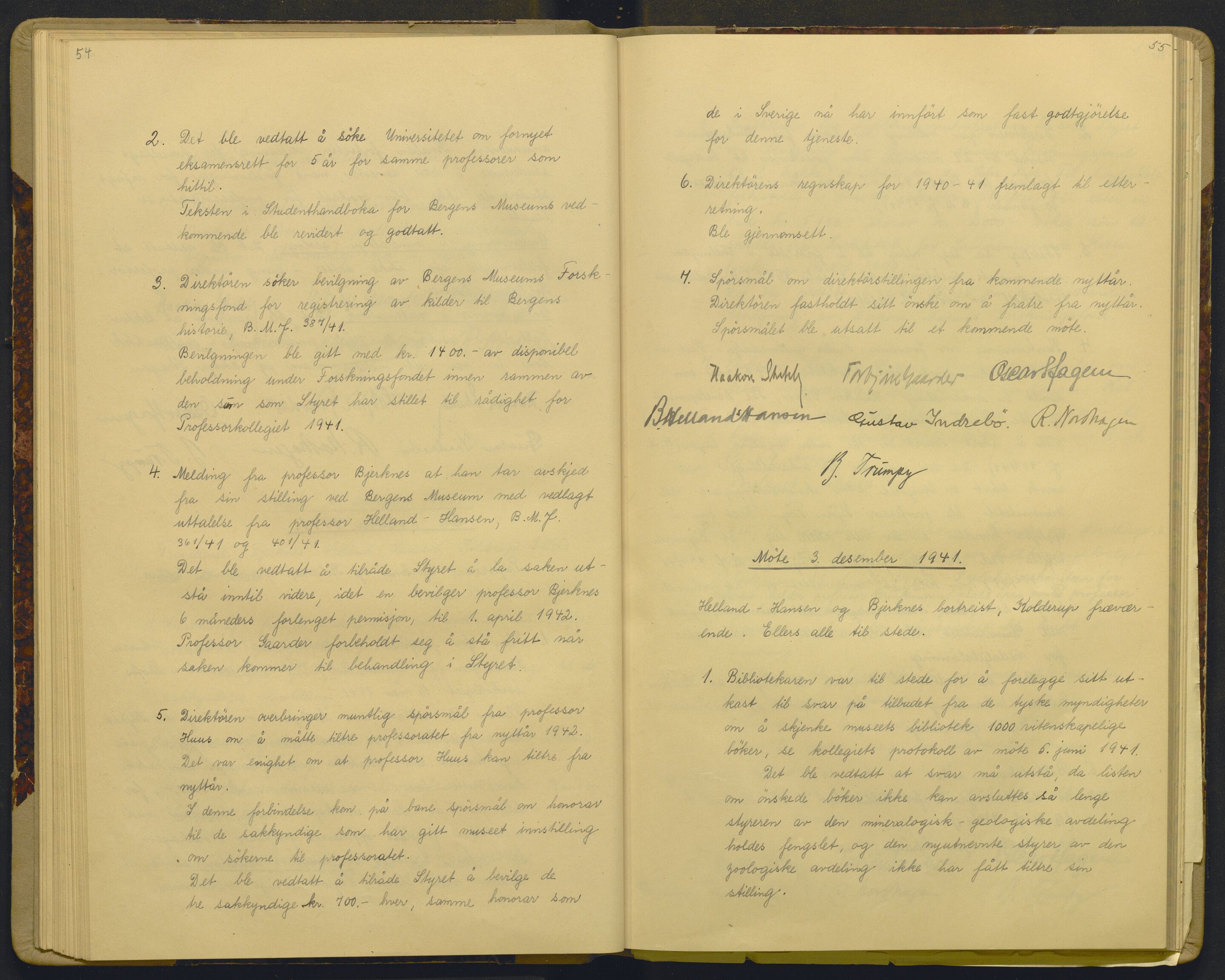 Bergens Museum, AV/SAB-A-17301/18/A/L0003: Professorkollegiets forhandlingsprotokoll med register , 1939-1944, p. 54-55