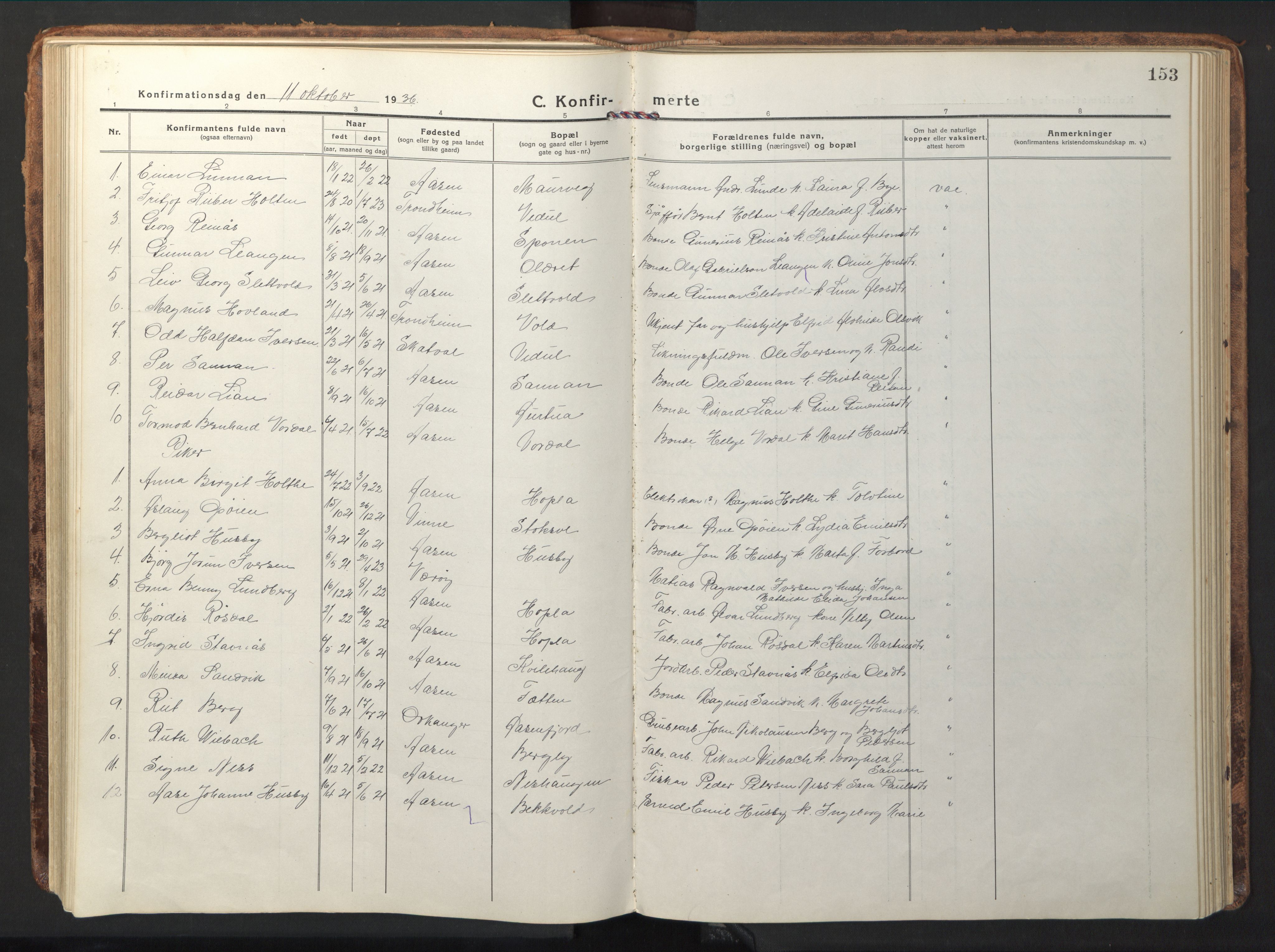 Ministerialprotokoller, klokkerbøker og fødselsregistre - Nord-Trøndelag, SAT/A-1458/714/L0136: Parish register (copy) no. 714C05, 1918-1957, p. 153