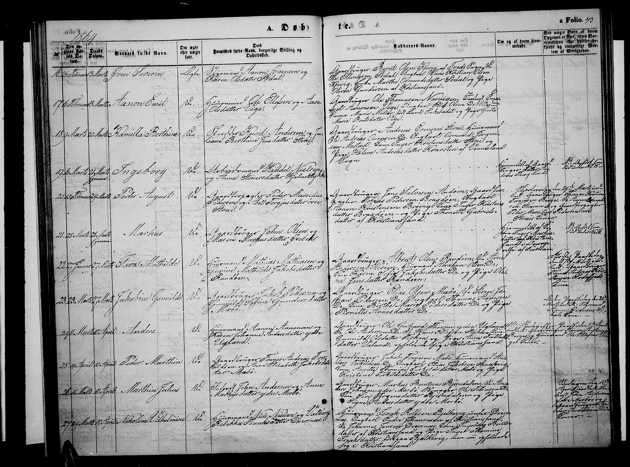 Oddernes sokneprestkontor, AV/SAK-1111-0033/F/Fb/Fba/L0006: Parish register (copy) no. B 6 /1, 1860-1869, p. 43