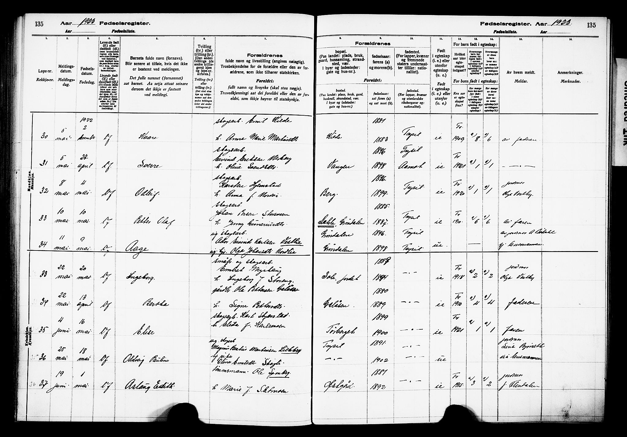 Trysil prestekontor, AV/SAH-PREST-046/I/Id/Ida/L0001: Birth register no. I 1, 1916-1927, p. 135