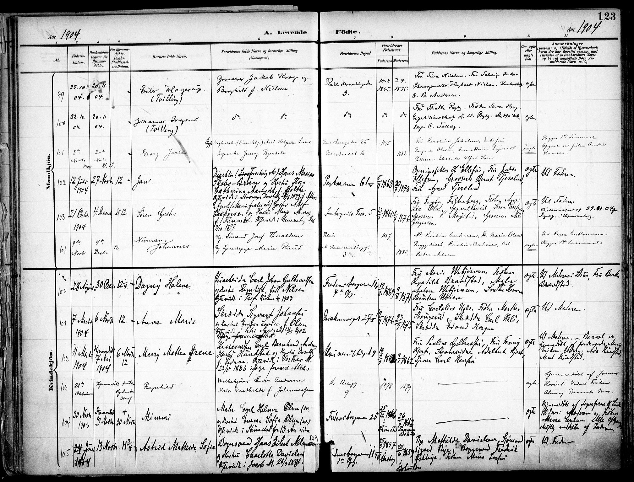 Trefoldighet prestekontor Kirkebøker, AV/SAO-A-10882/F/Fa/L0007: Parish register (official) no. I 7, 1900-1914, p. 123
