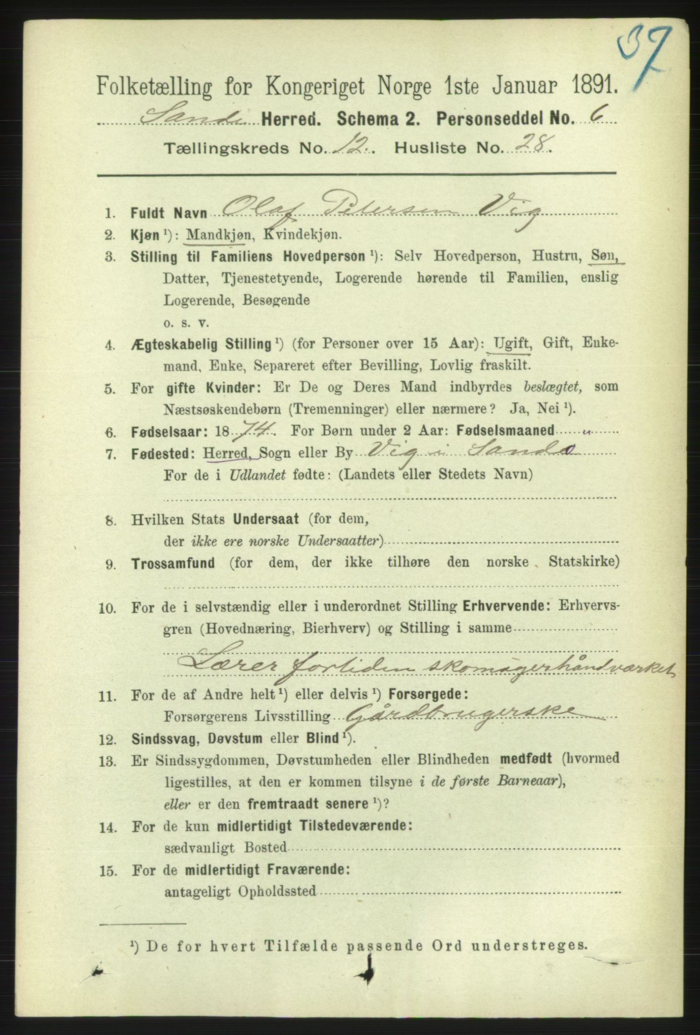 RA, 1891 census for 1514 Sande, 1891, p. 2398