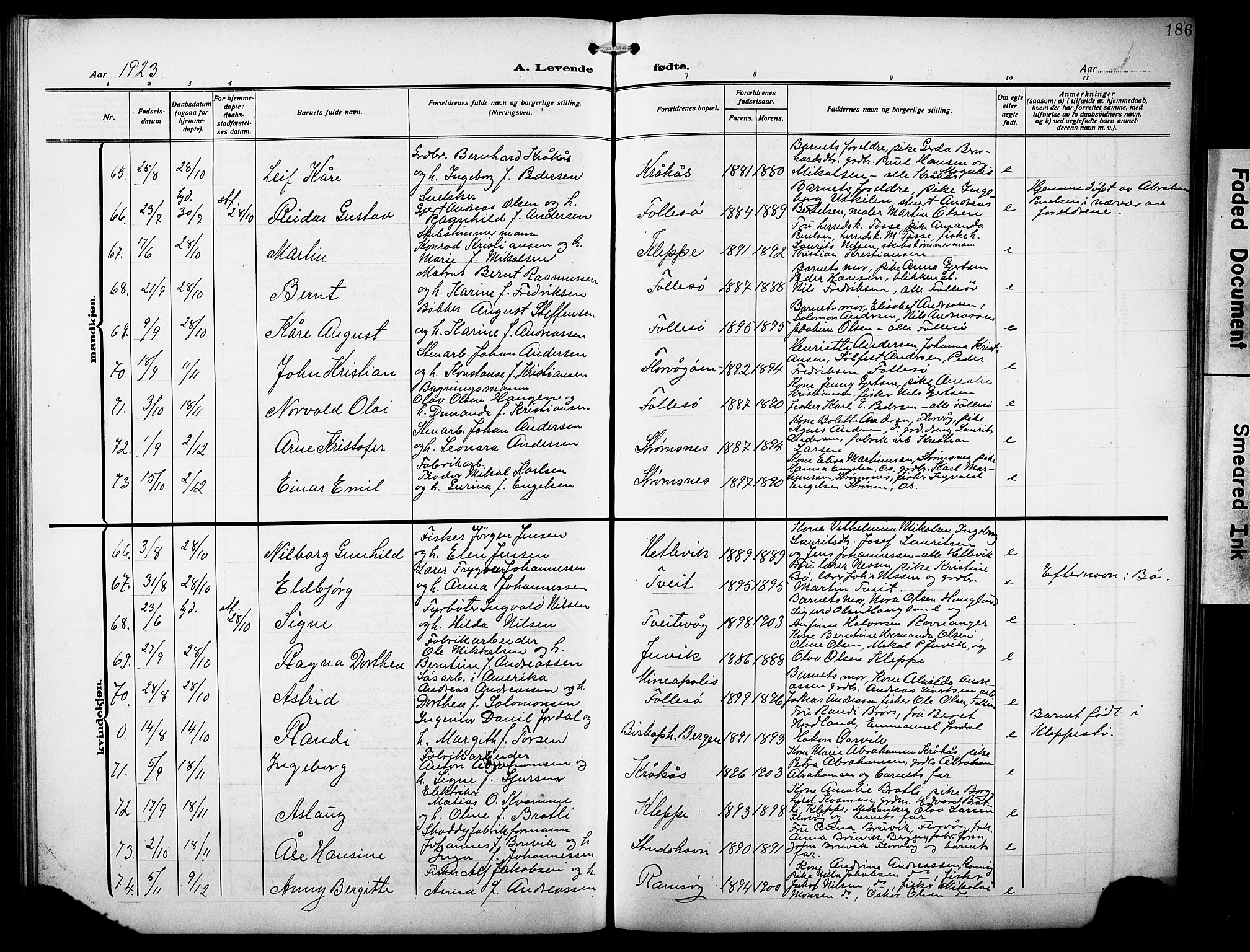 Askøy Sokneprestembete, AV/SAB-A-74101/H/Ha/Hab/Haba/L0011: Parish register (copy) no. A 11, 1908-1931, p. 186