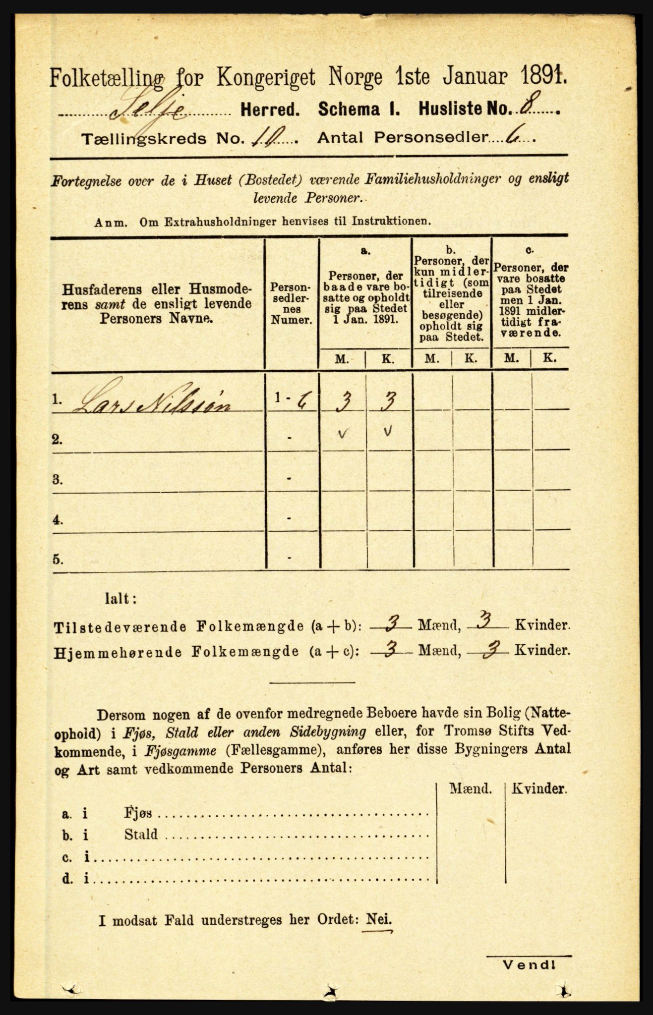 RA, 1891 census for 1441 Selje, 1891, p. 3043