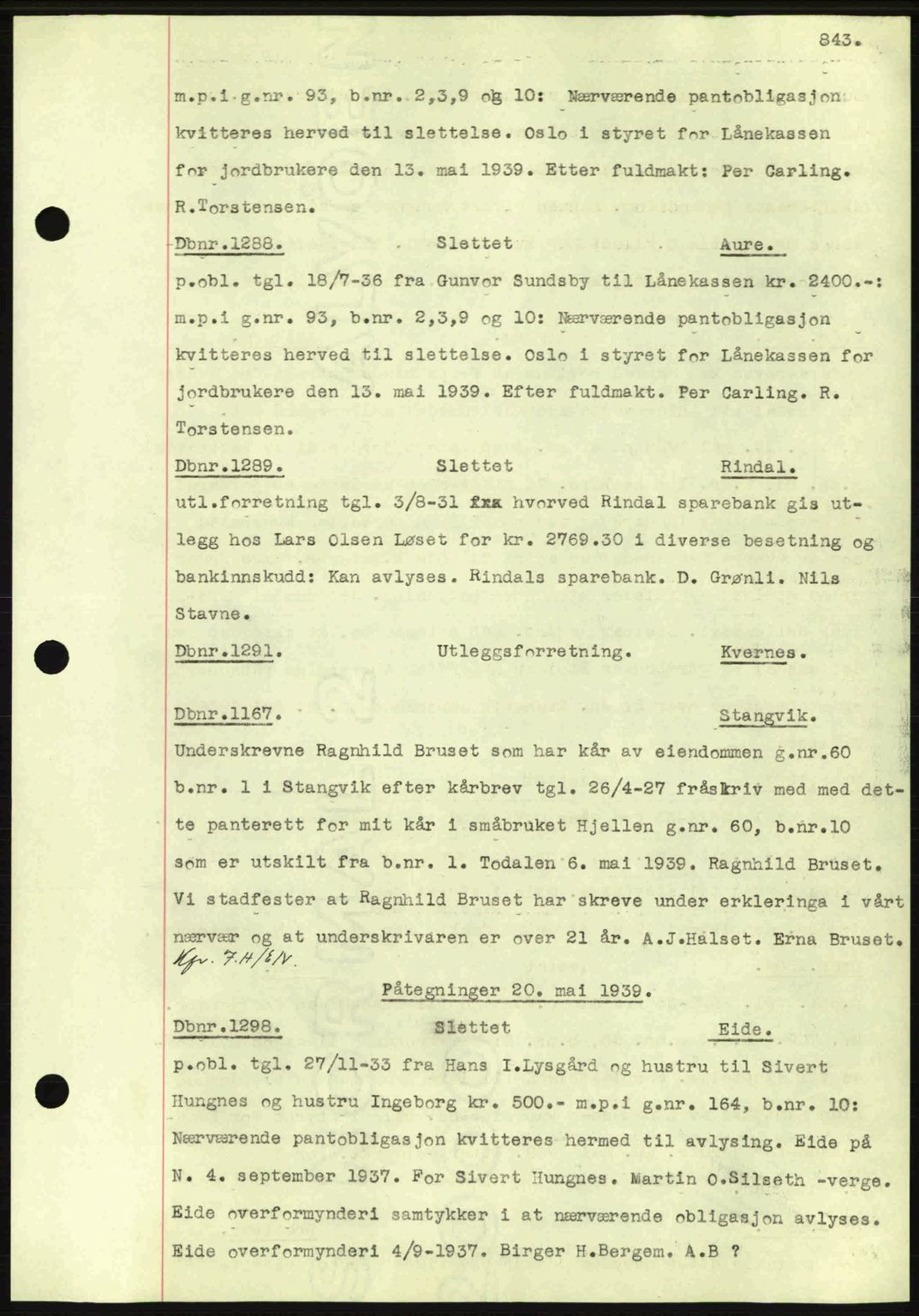 Nordmøre sorenskriveri, AV/SAT-A-4132/1/2/2Ca: Mortgage book no. C80, 1936-1939, Diary no: : 1288/1939