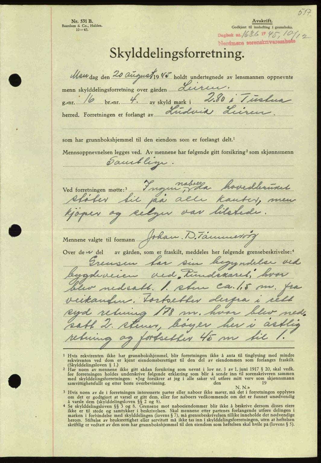 Nordmøre sorenskriveri, AV/SAT-A-4132/1/2/2Ca: Mortgage book no. A100a, 1945-1945, Diary no: : 1636/1945