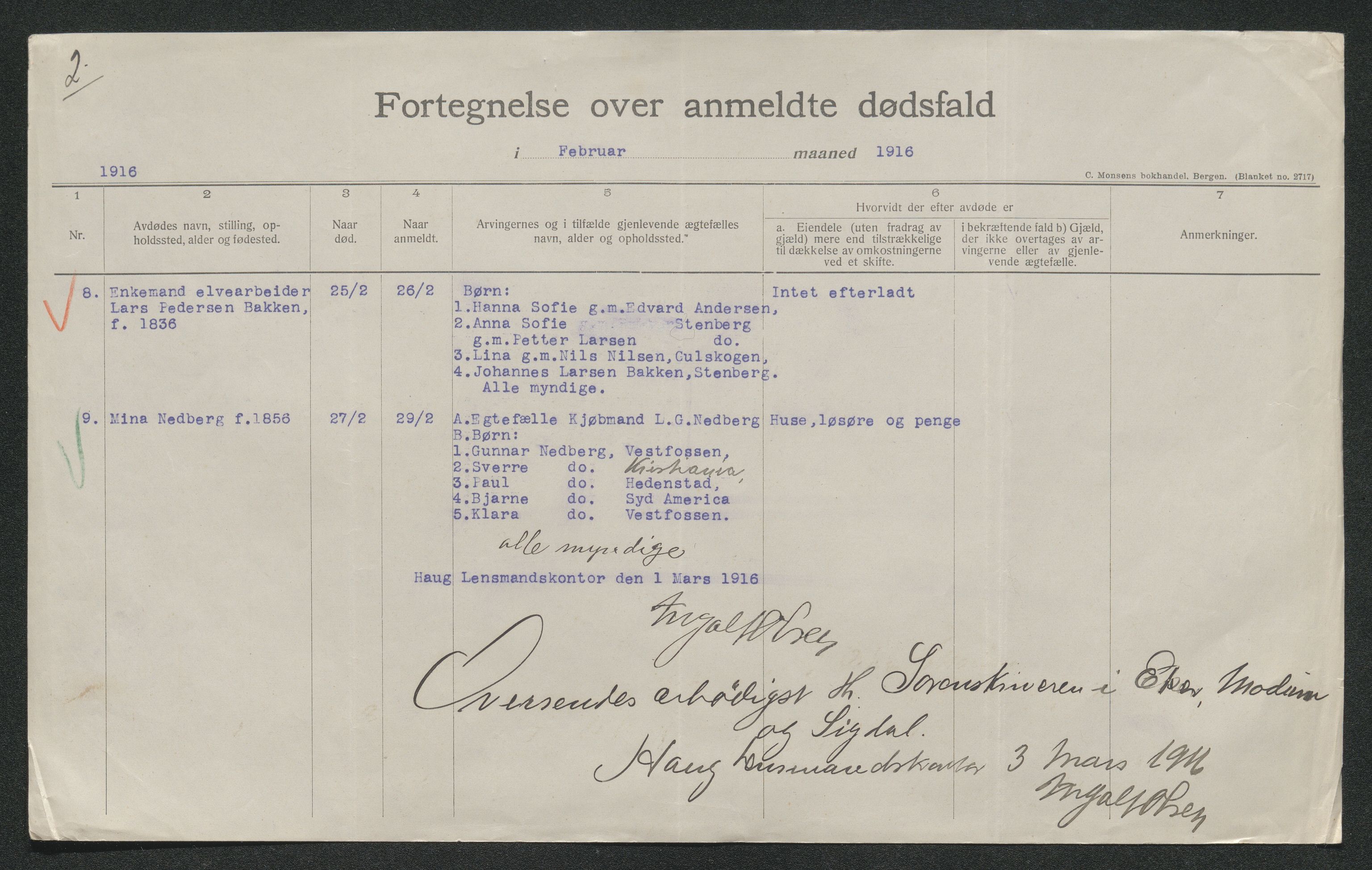 Eiker, Modum og Sigdal sorenskriveri, AV/SAKO-A-123/H/Ha/Hab/L0038: Dødsfallsmeldinger, 1916-1917, p. 198