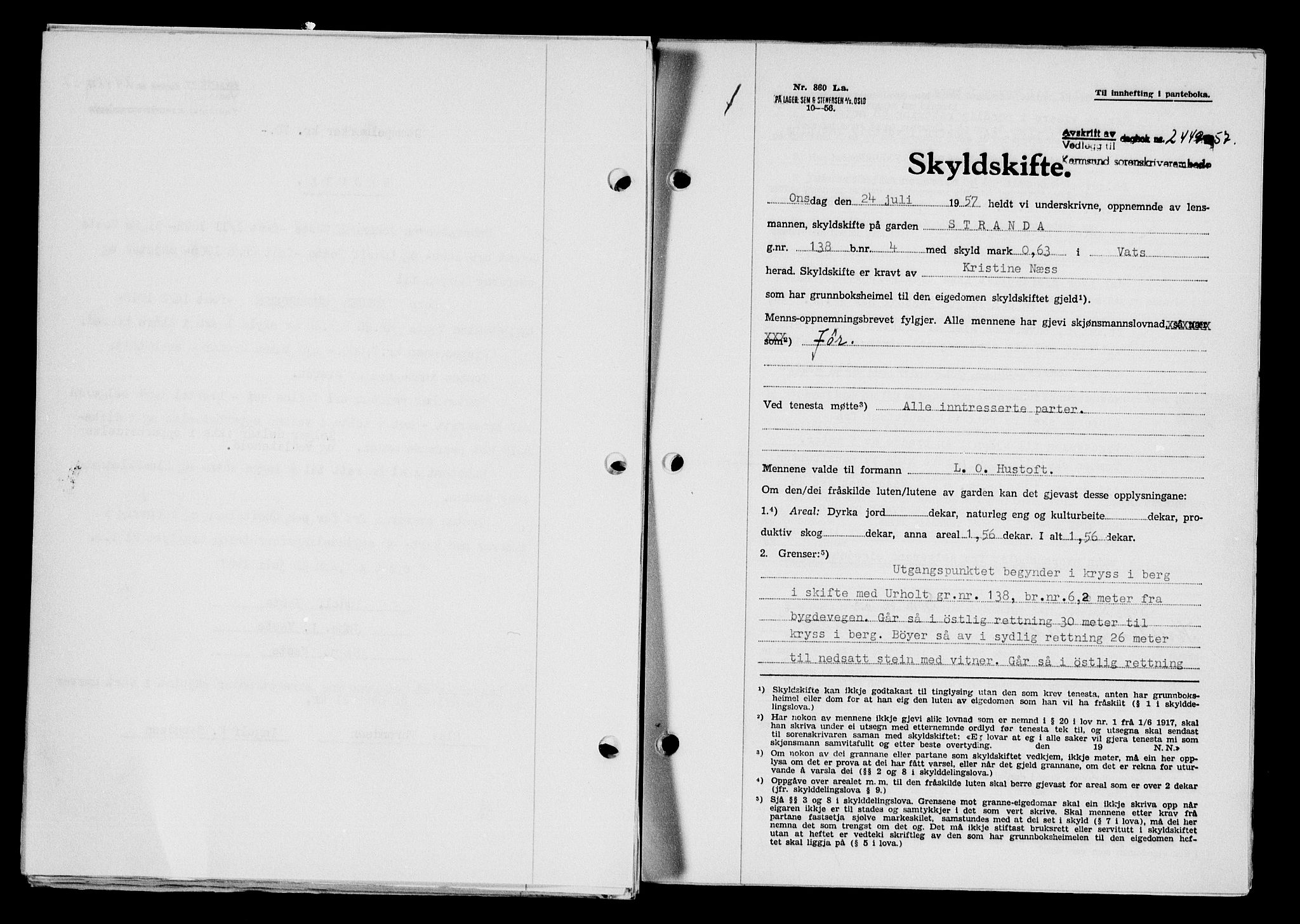 Karmsund sorenskriveri, AV/SAST-A-100311/01/II/IIB/L0125: Mortgage book no. 105A, 1957-1957, Diary no: : 2449/1957