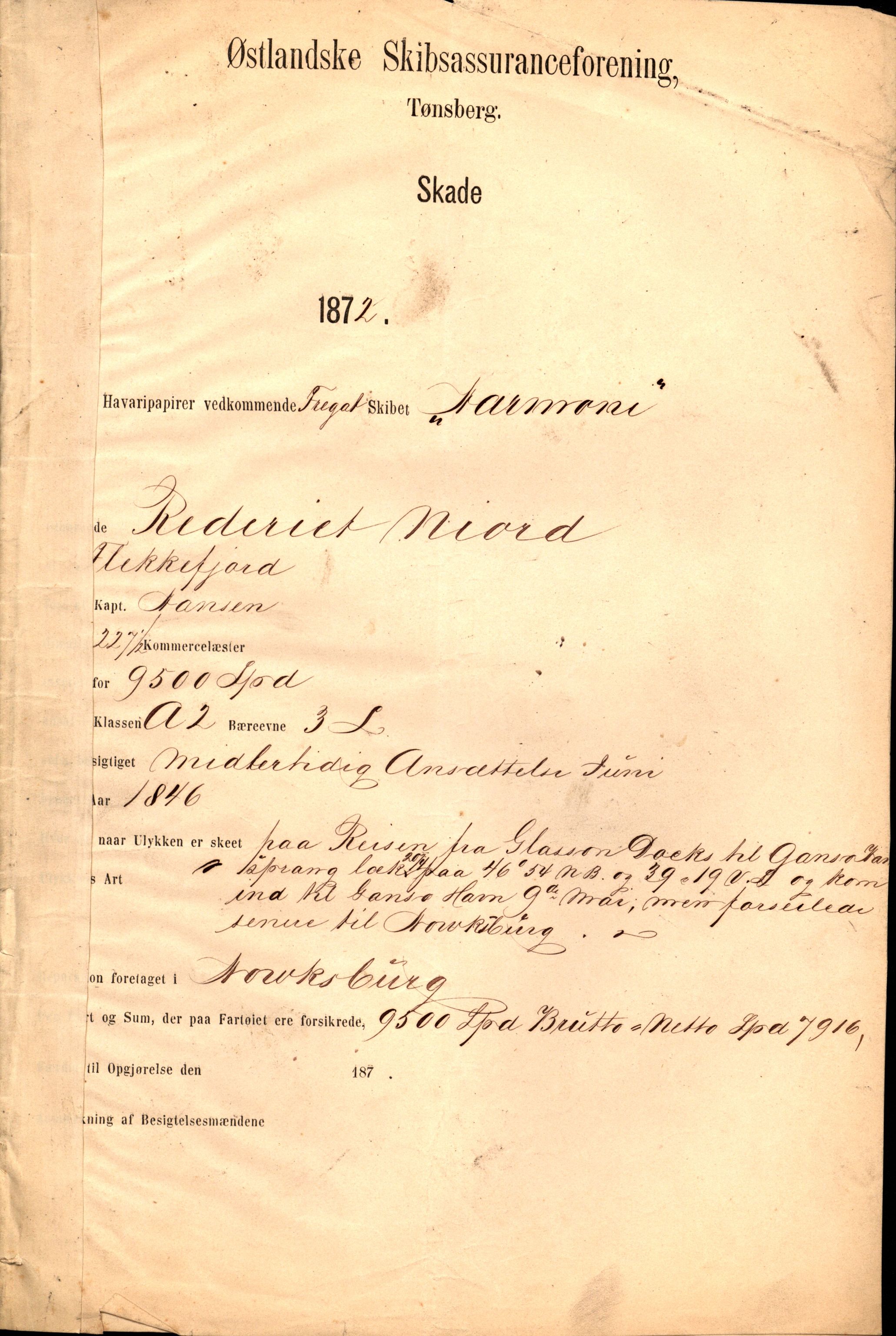 Pa 63 - Østlandske skibsassuranceforening, VEMU/A-1079/G/Ga/L0004/0010: Havaridokumenter / Harmoni, 1872