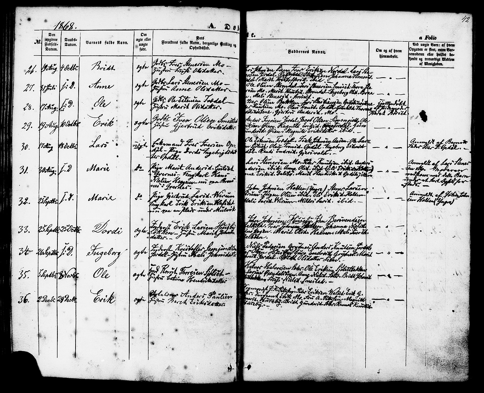 Ministerialprotokoller, klokkerbøker og fødselsregistre - Møre og Romsdal, AV/SAT-A-1454/588/L1004: Parish register (official) no. 588A01, 1854-1870, p. 42