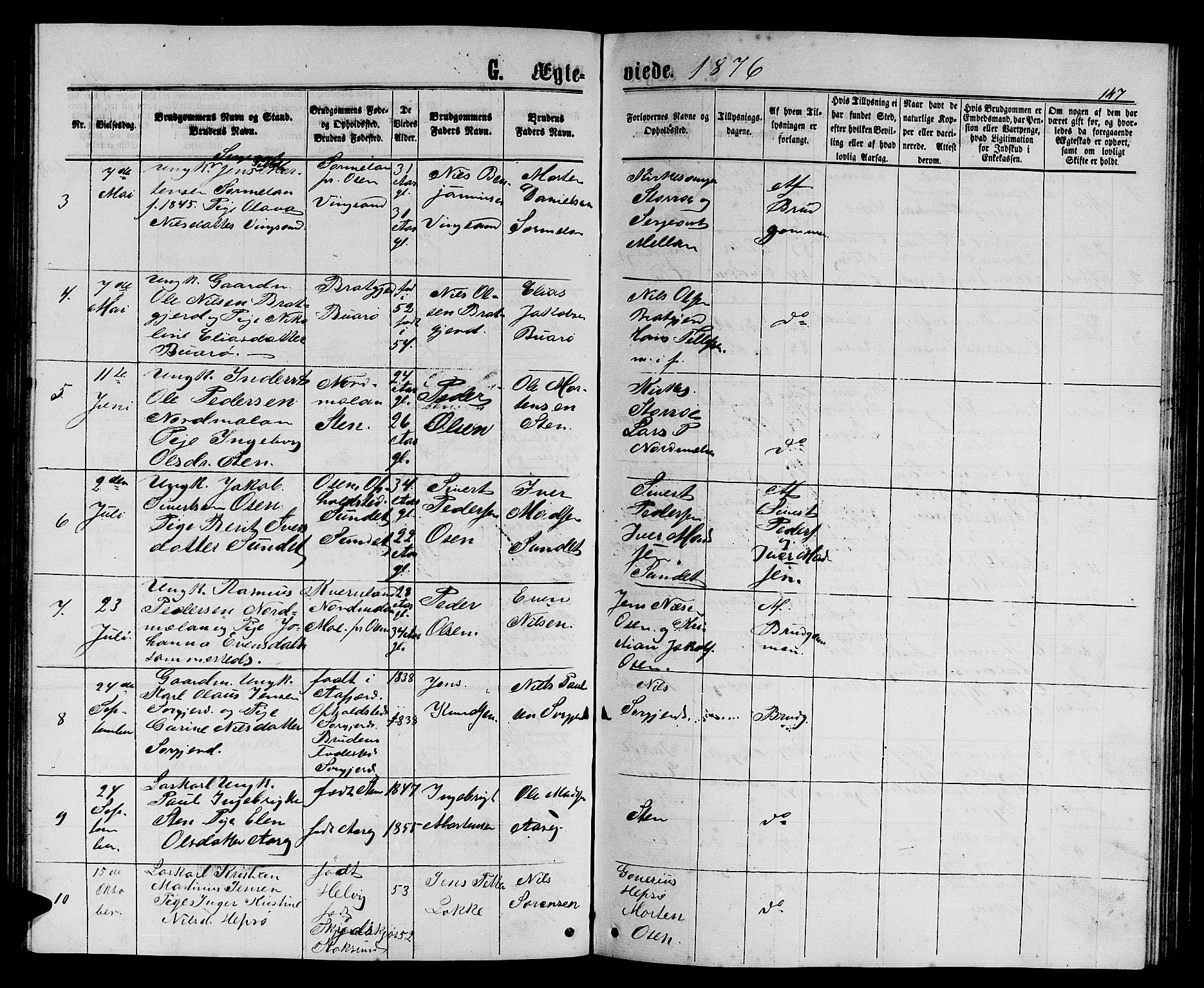 Ministerialprotokoller, klokkerbøker og fødselsregistre - Sør-Trøndelag, SAT/A-1456/658/L0725: Parish register (copy) no. 658C01, 1867-1882, p. 147