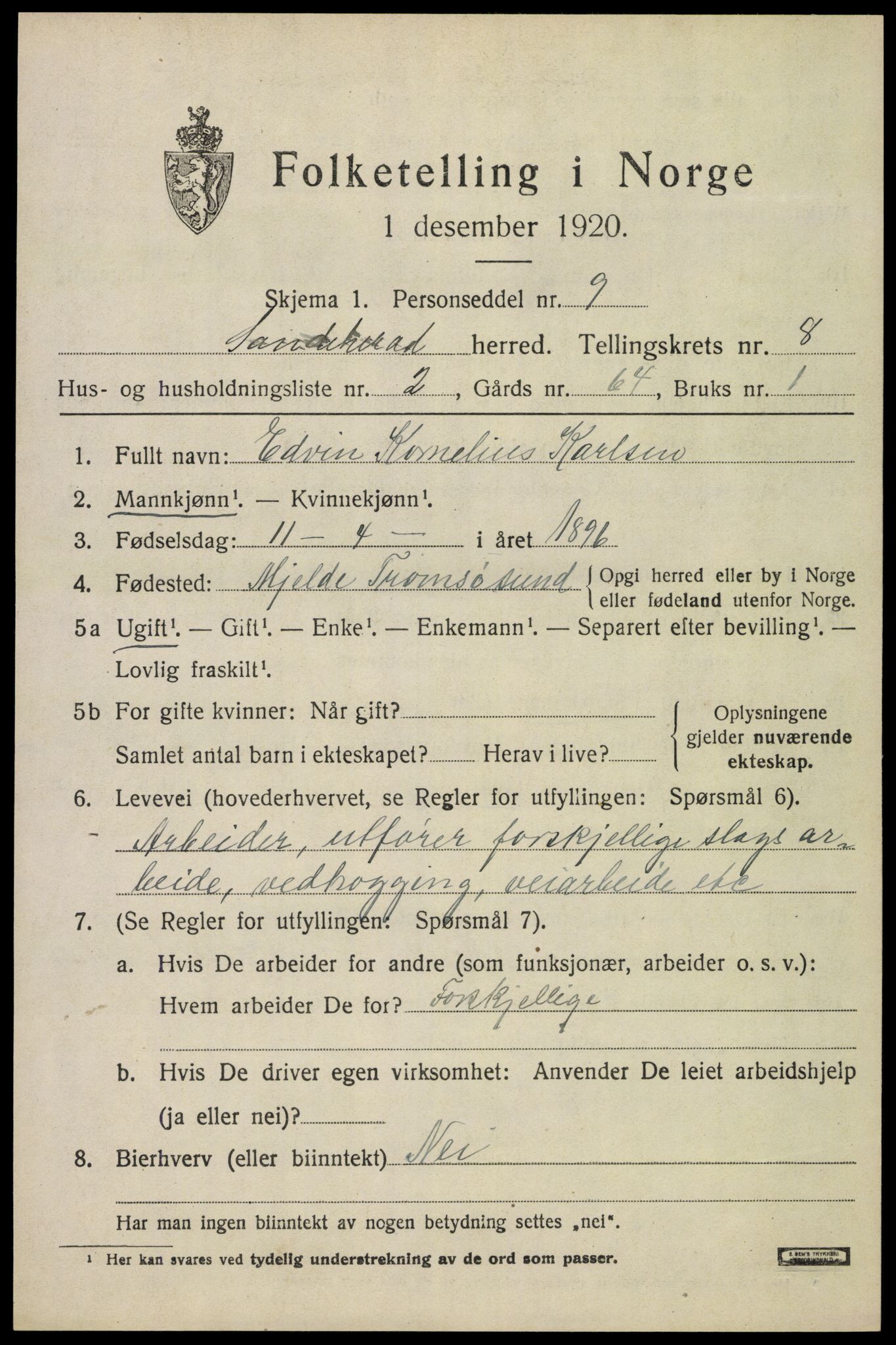SAKO, 1920 census for Sandeherred, 1920, p. 12734