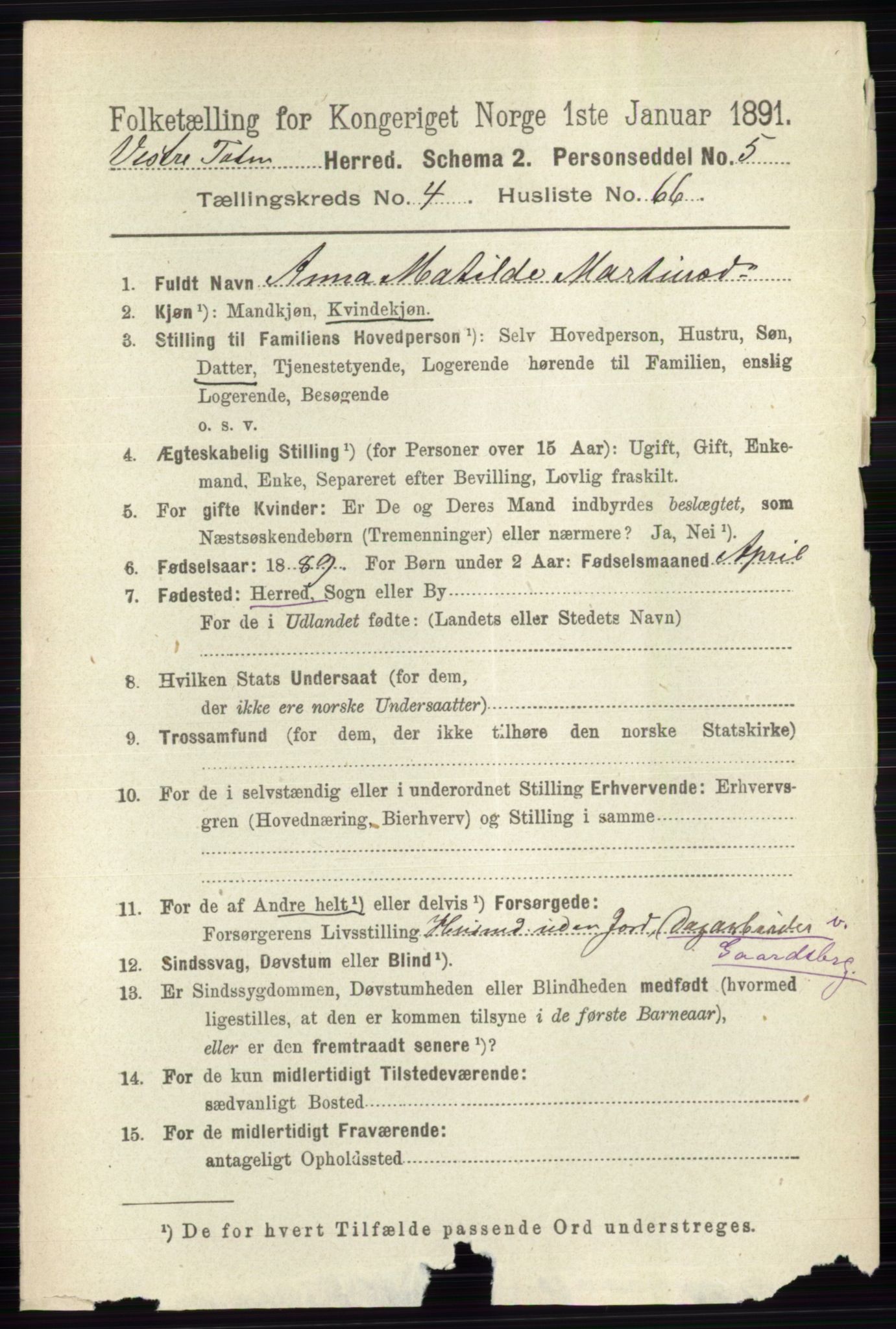 RA, 1891 census for 0529 Vestre Toten, 1891, p. 3128