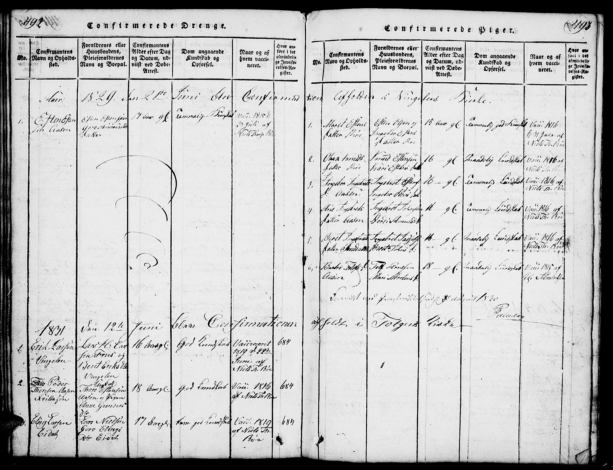 Tolga prestekontor, AV/SAH-PREST-062/L/L0003: Parish register (copy) no. 3, 1815-1862, p. 492-493