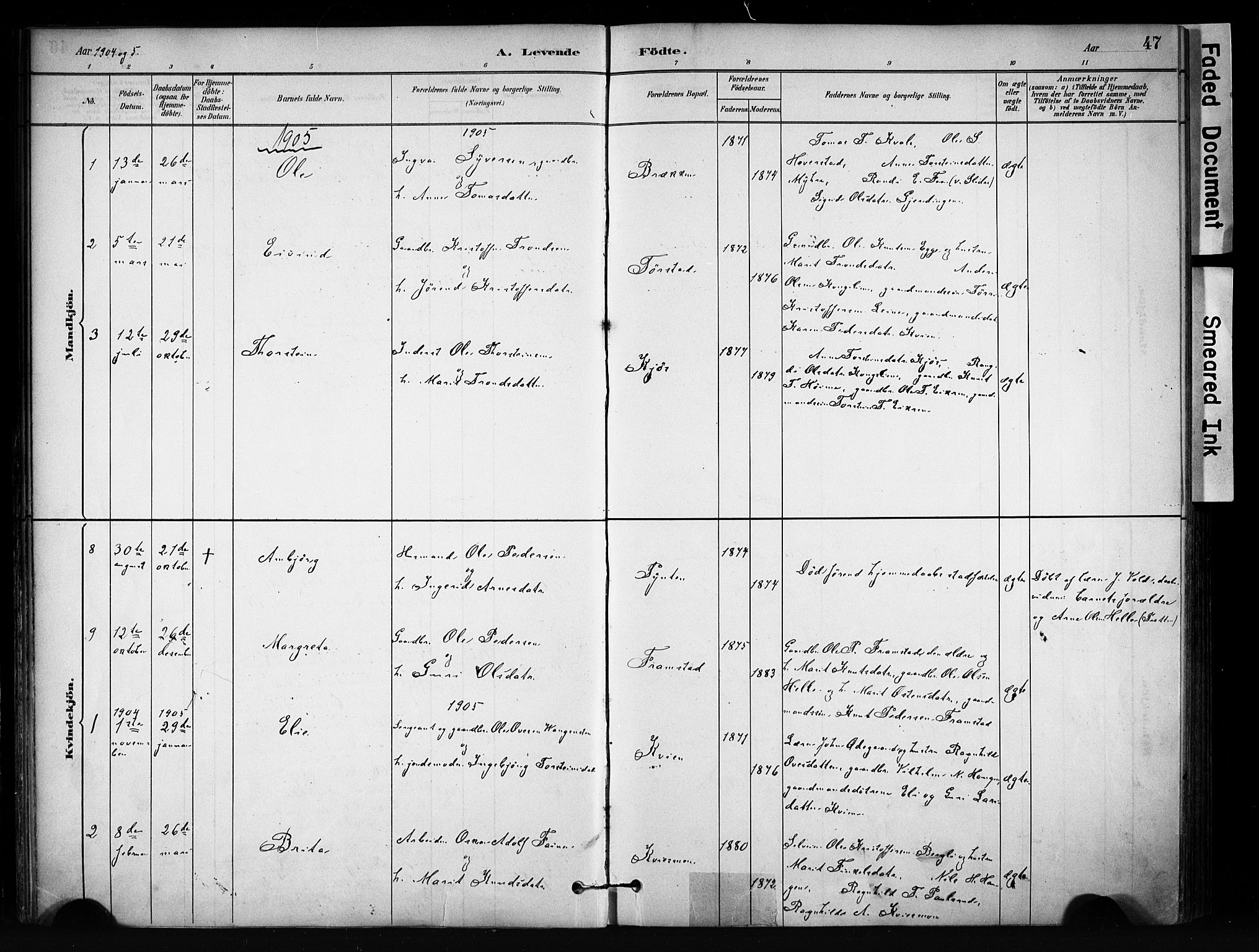 Vang prestekontor, Valdres, AV/SAH-PREST-140/H/Ha/L0009: Parish register (official) no. 9, 1882-1914, p. 47