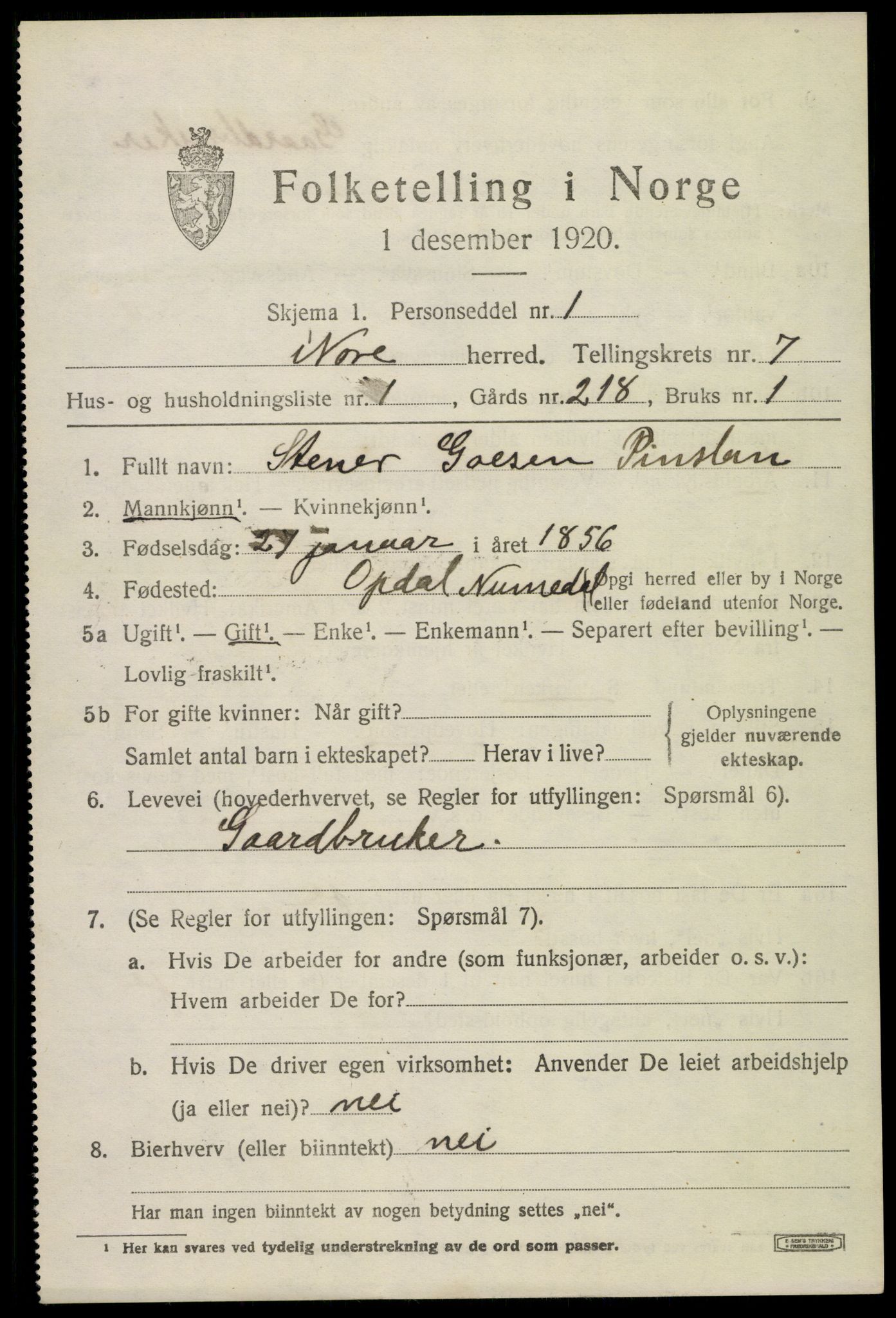 SAKO, 1920 census for Nore, 1920, p. 3048