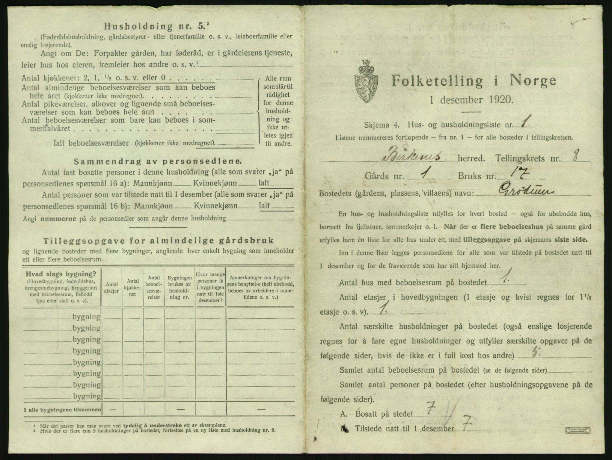 SAK, 1920 census for Birkenes, 1920, p. 657