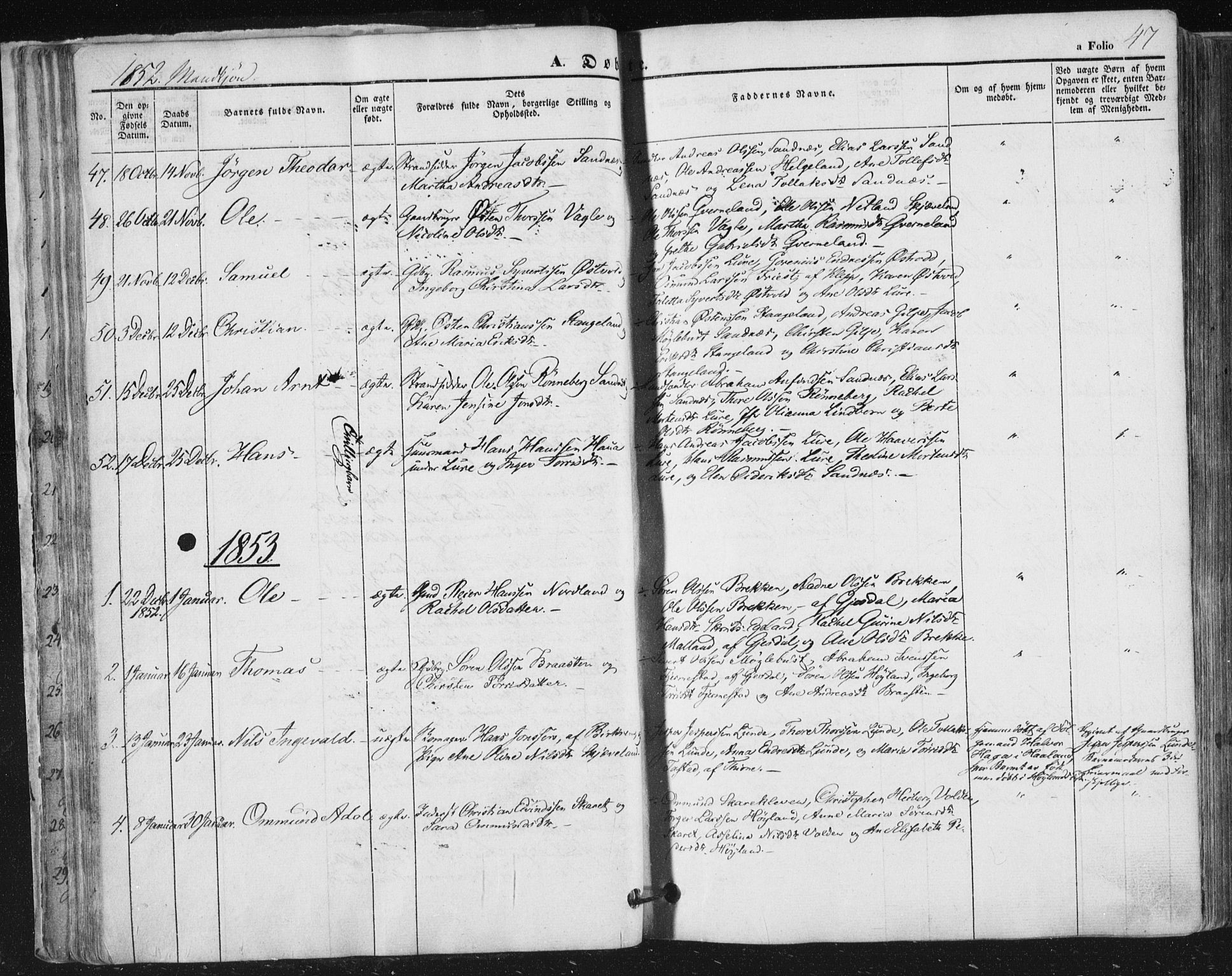 Høyland sokneprestkontor, SAST/A-101799/001/30BA/L0008: Parish register (official) no. A 8, 1841-1856, p. 47