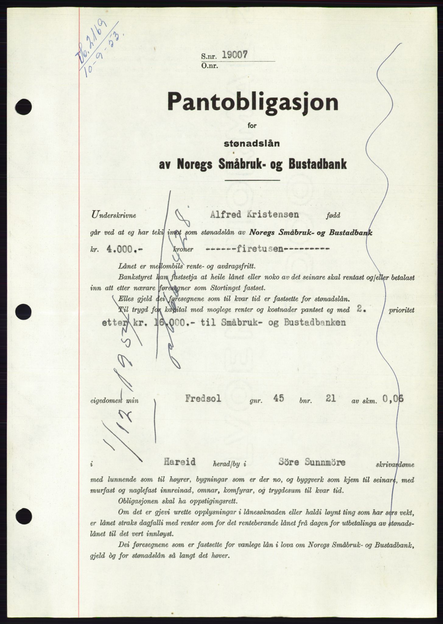 Søre Sunnmøre sorenskriveri, AV/SAT-A-4122/1/2/2C/L0123: Mortgage book no. 11B, 1953-1953, Diary no: : 2169/1953