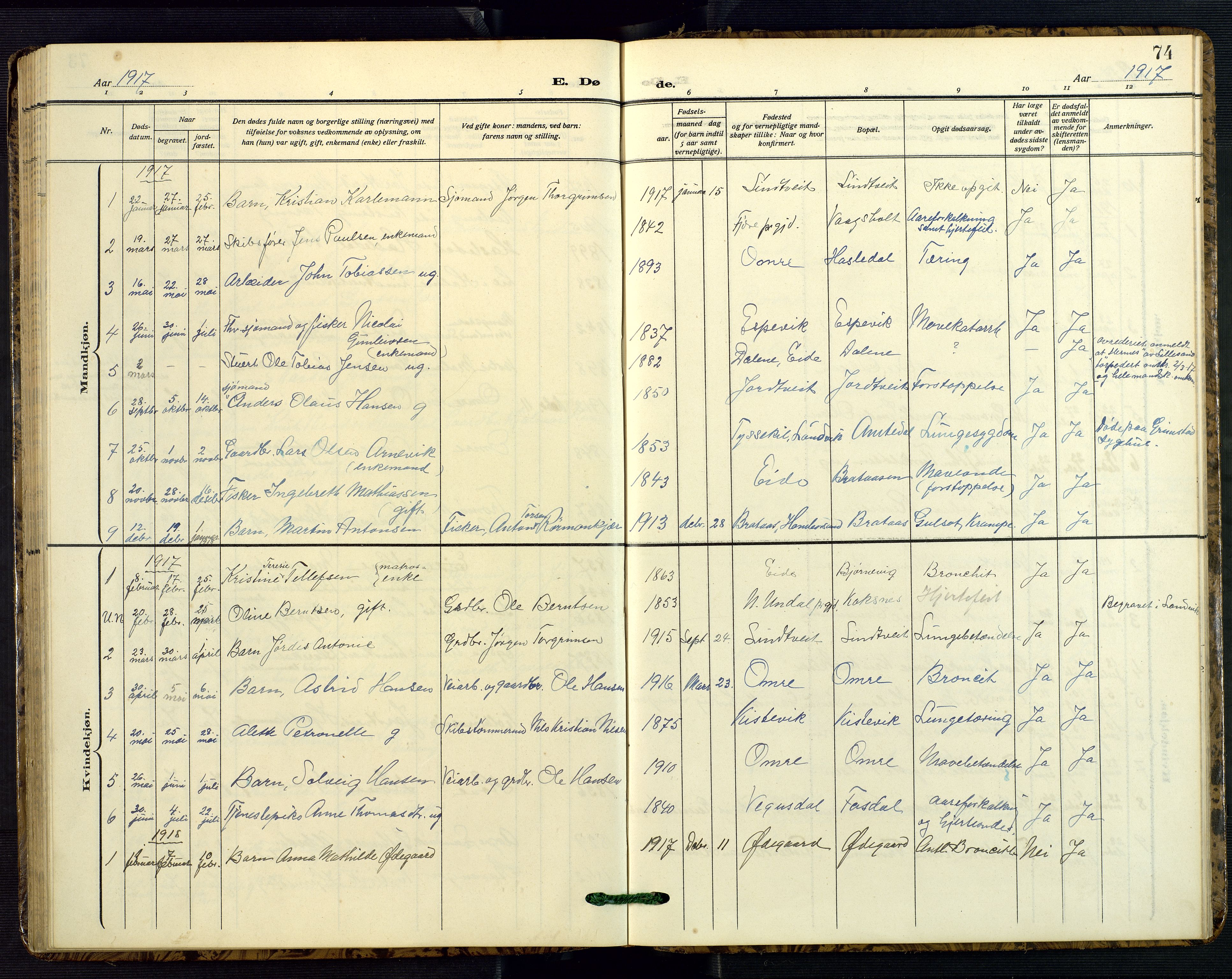 Hommedal sokneprestkontor, AV/SAK-1111-0023/F/Fb/Fba/L0005: Parish register (copy) no. B 5, 1909-1957, p. 74