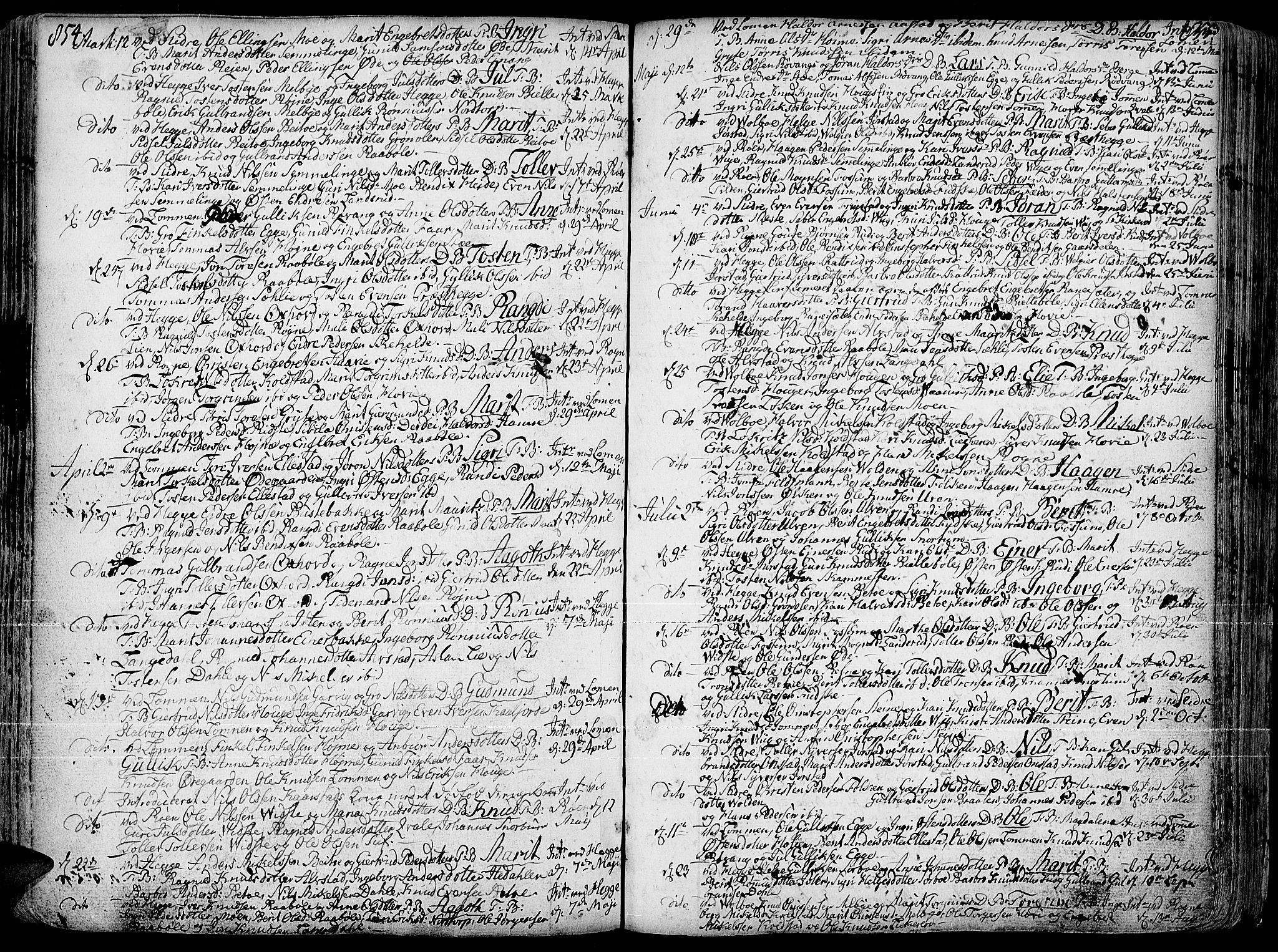 Slidre prestekontor, AV/SAH-PREST-134/H/Ha/Haa/L0001: Parish register (official) no. 1, 1724-1814, p. 854-855