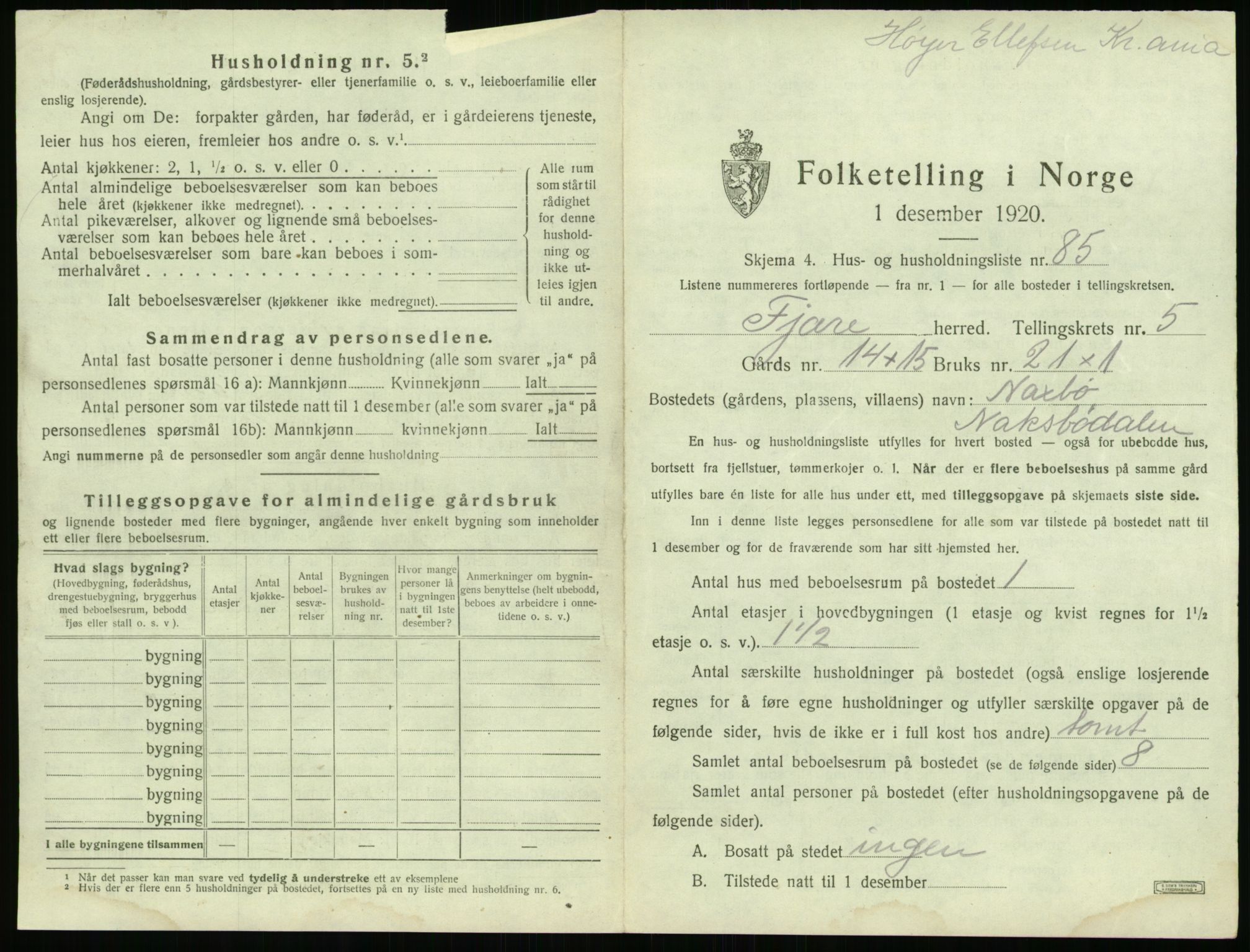 SAK, 1920 census for Fjære, 1920, p. 1181