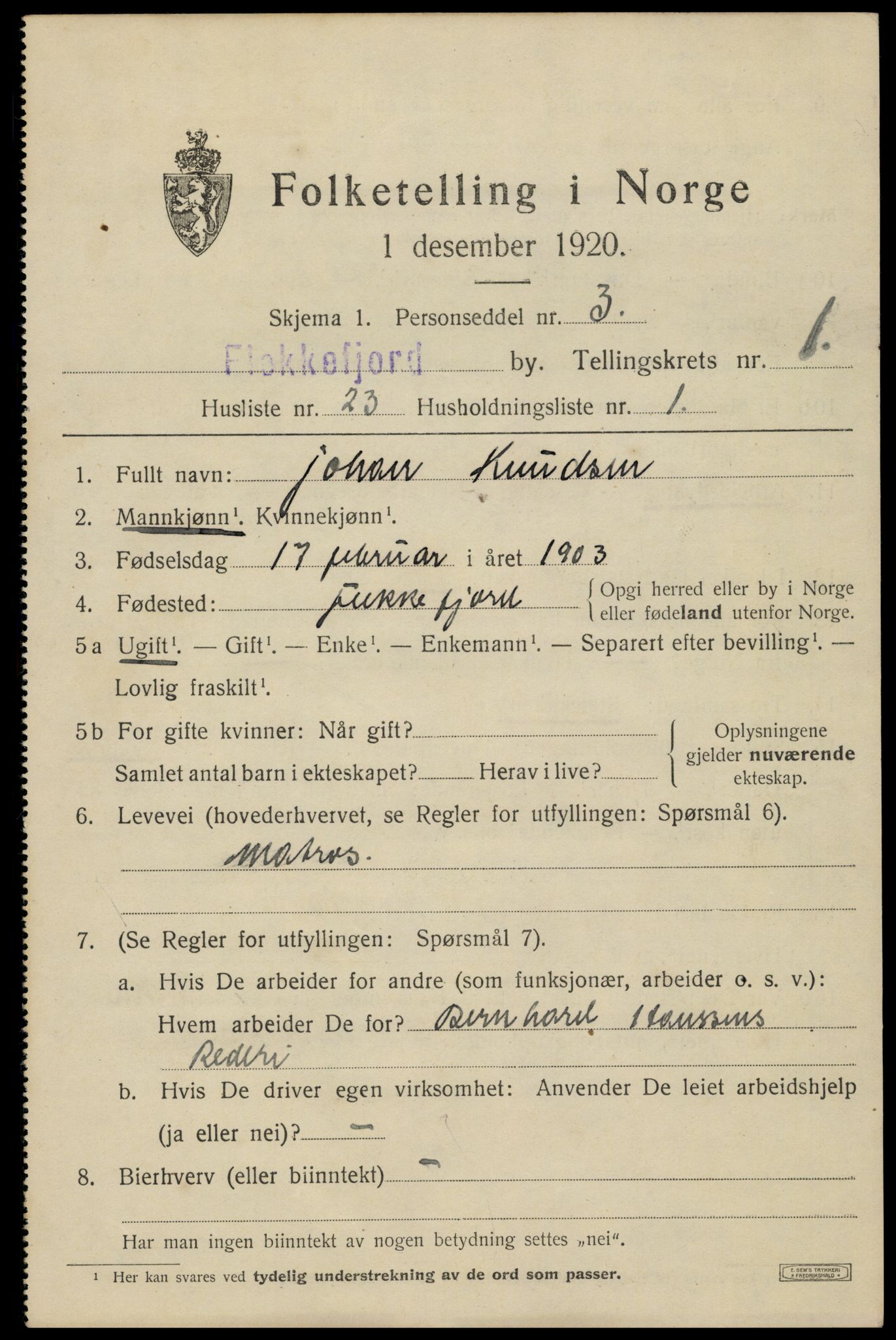 SAK, 1920 census for Flekkefjord, 1920, p. 2092