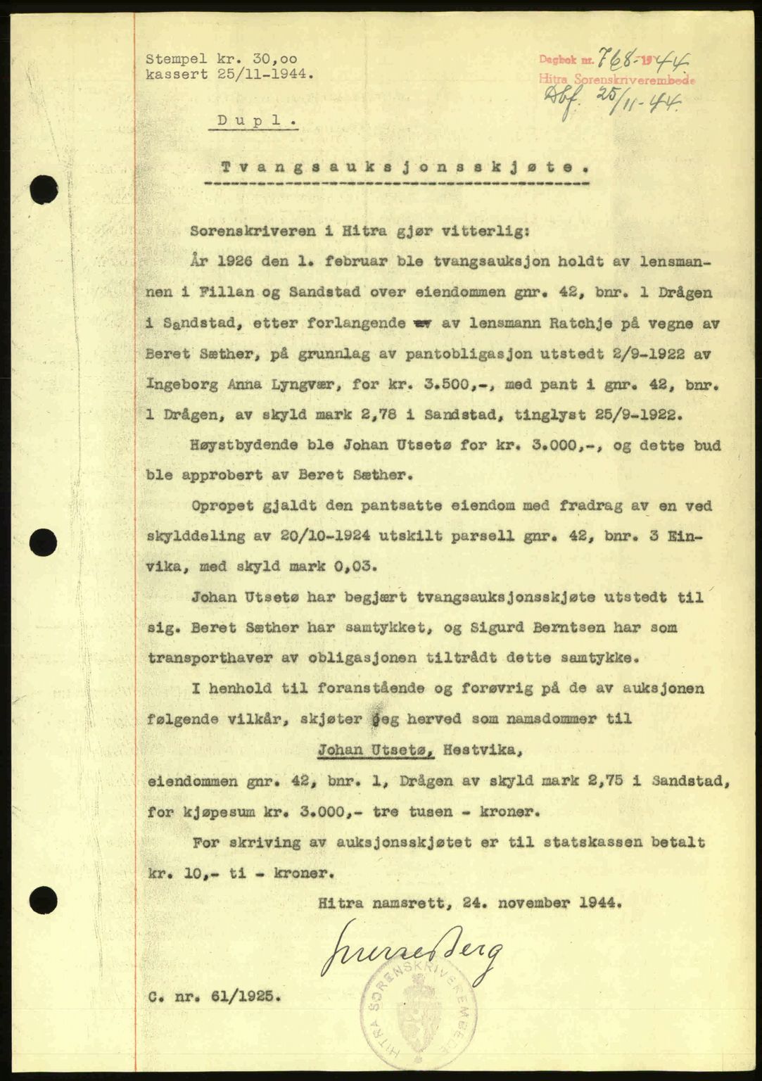 Hitra sorenskriveri, AV/SAT-A-0018/2/2C/2Ca: Mortgage book no. A2, 1943-1945, Diary no: : 768/1944