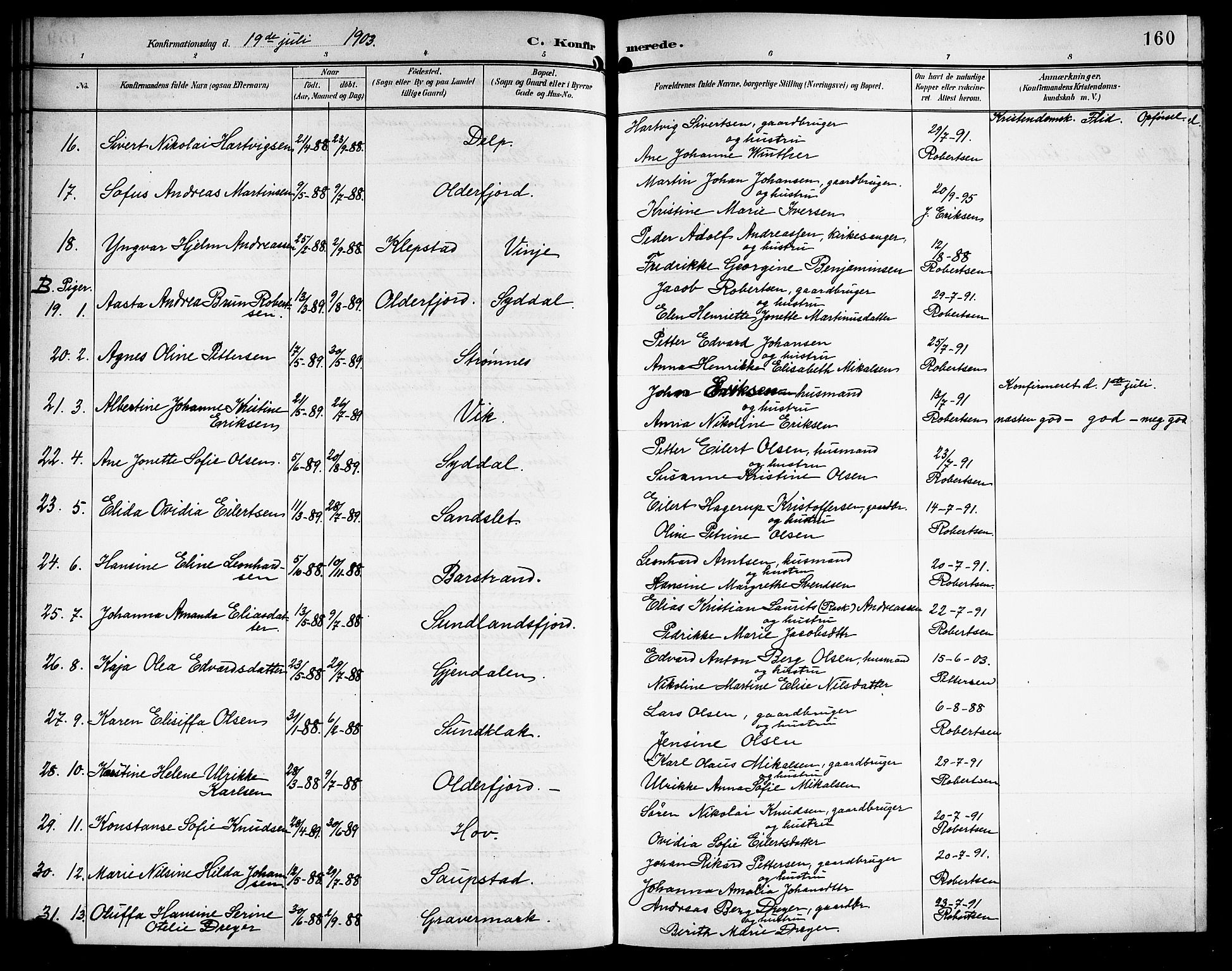 Ministerialprotokoller, klokkerbøker og fødselsregistre - Nordland, AV/SAT-A-1459/876/L1105: Parish register (copy) no. 876C04, 1896-1914, p. 160