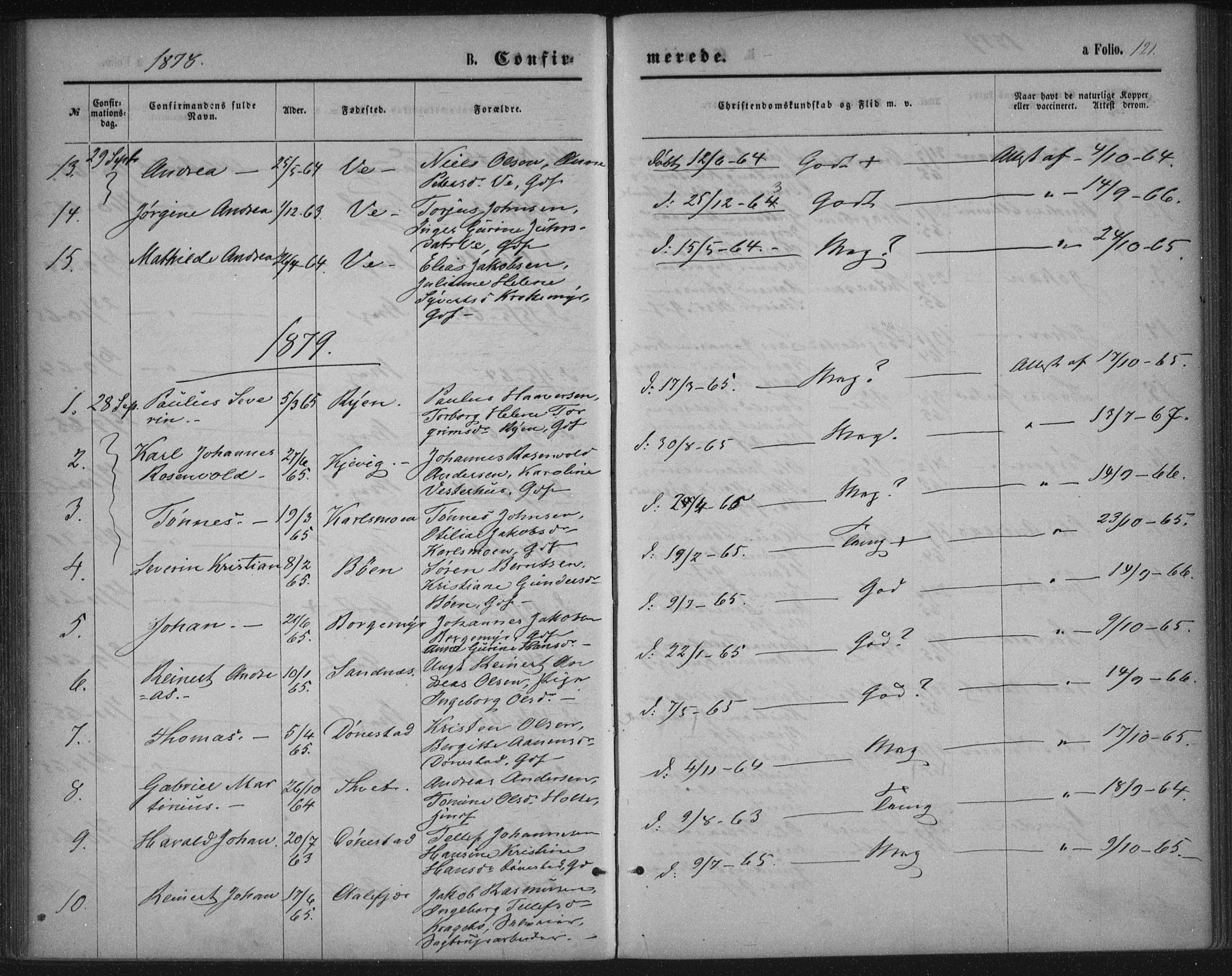 Tveit sokneprestkontor, SAK/1111-0043/F/Fa/L0006: Parish register (official) no. A 6, 1872-1886, p. 121