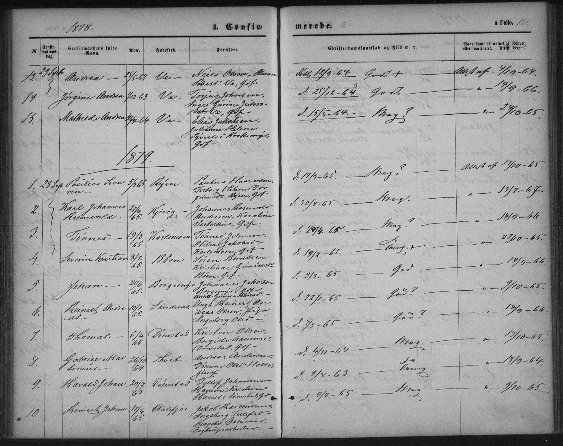 Tveit sokneprestkontor, AV/SAK-1111-0043/F/Fa/L0006: Parish register (official) no. A 6, 1872-1886, p. 121