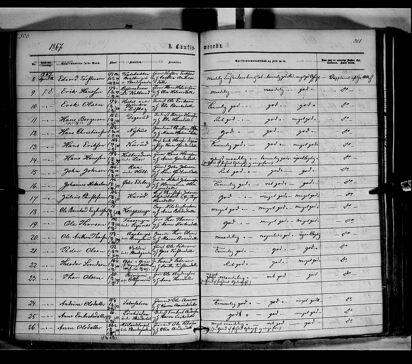 Vinger prestekontor, AV/SAH-PREST-024/H/Ha/Haa/L0011: Parish register (official) no. 11, 1862-1870, p. 301