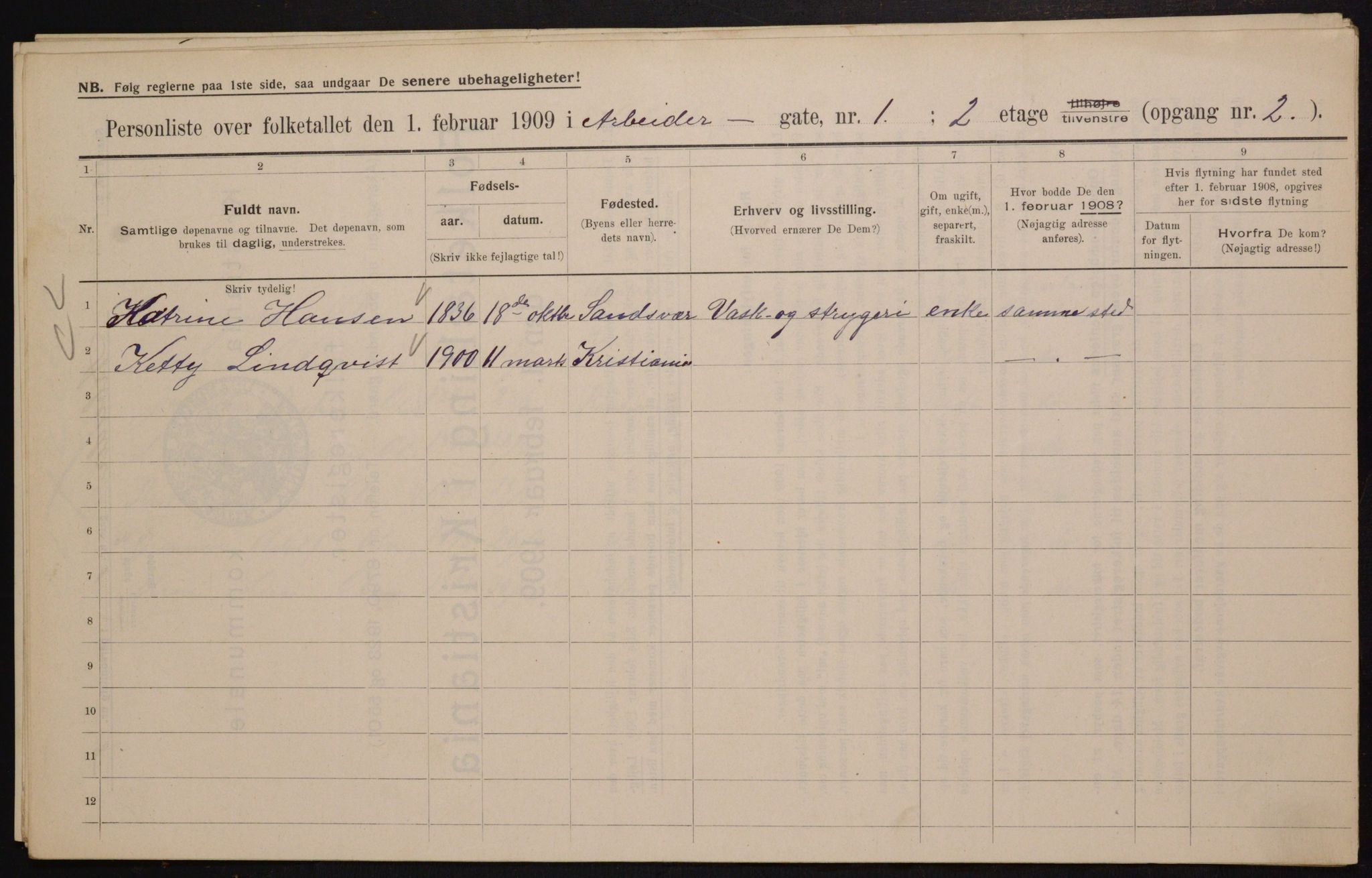 OBA, Municipal Census 1909 for Kristiania, 1909, p. 1425