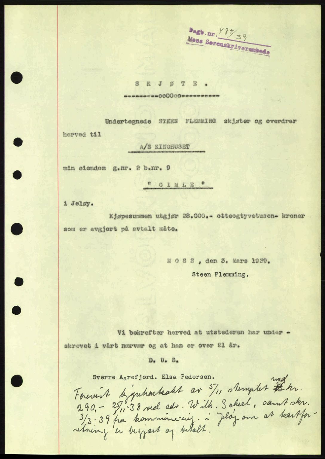 Moss sorenskriveri, SAO/A-10168: Mortgage book no. A5, 1938-1939, Diary no: : 487/1939