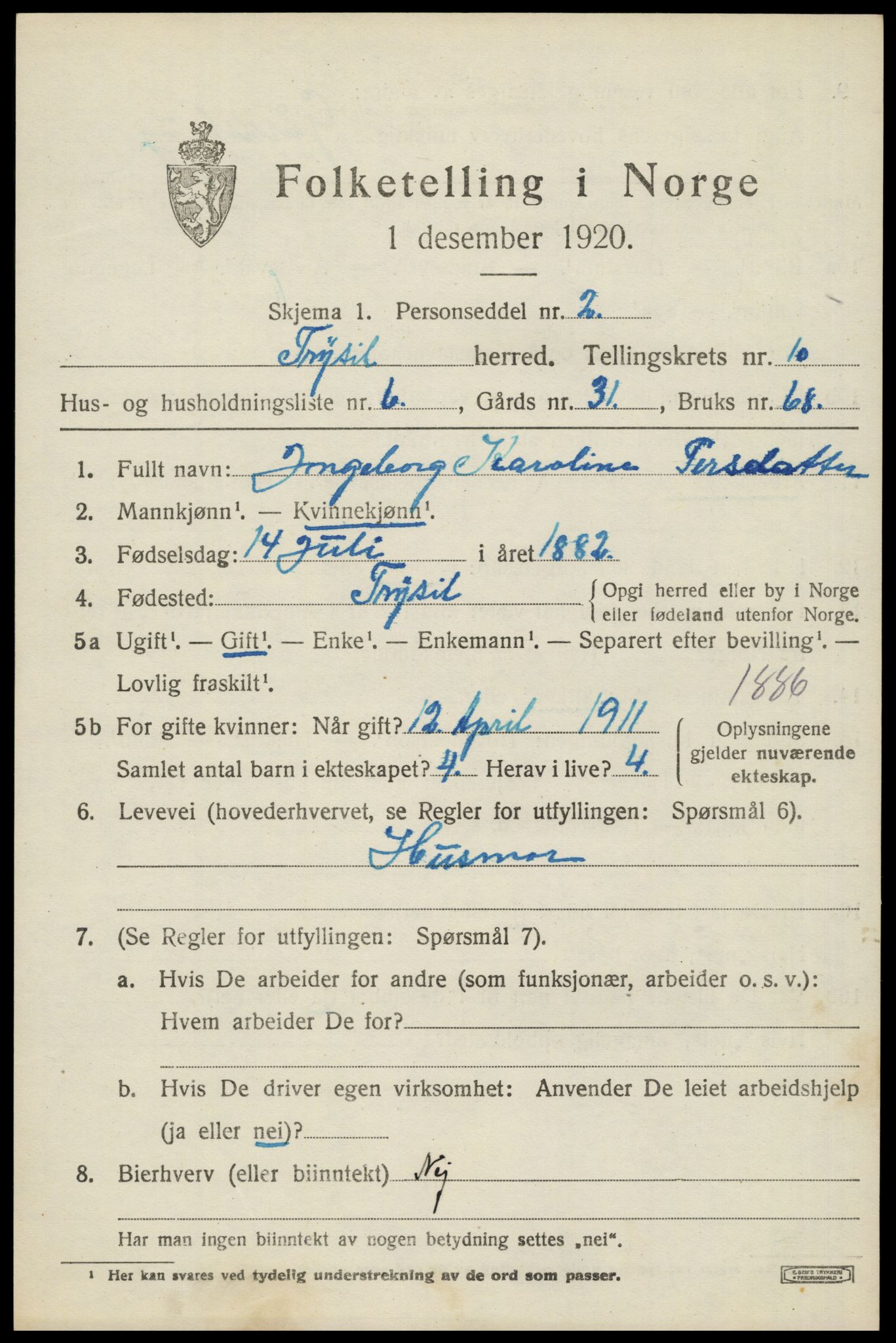 SAH, 1920 census for Trysil, 1920, p. 6923