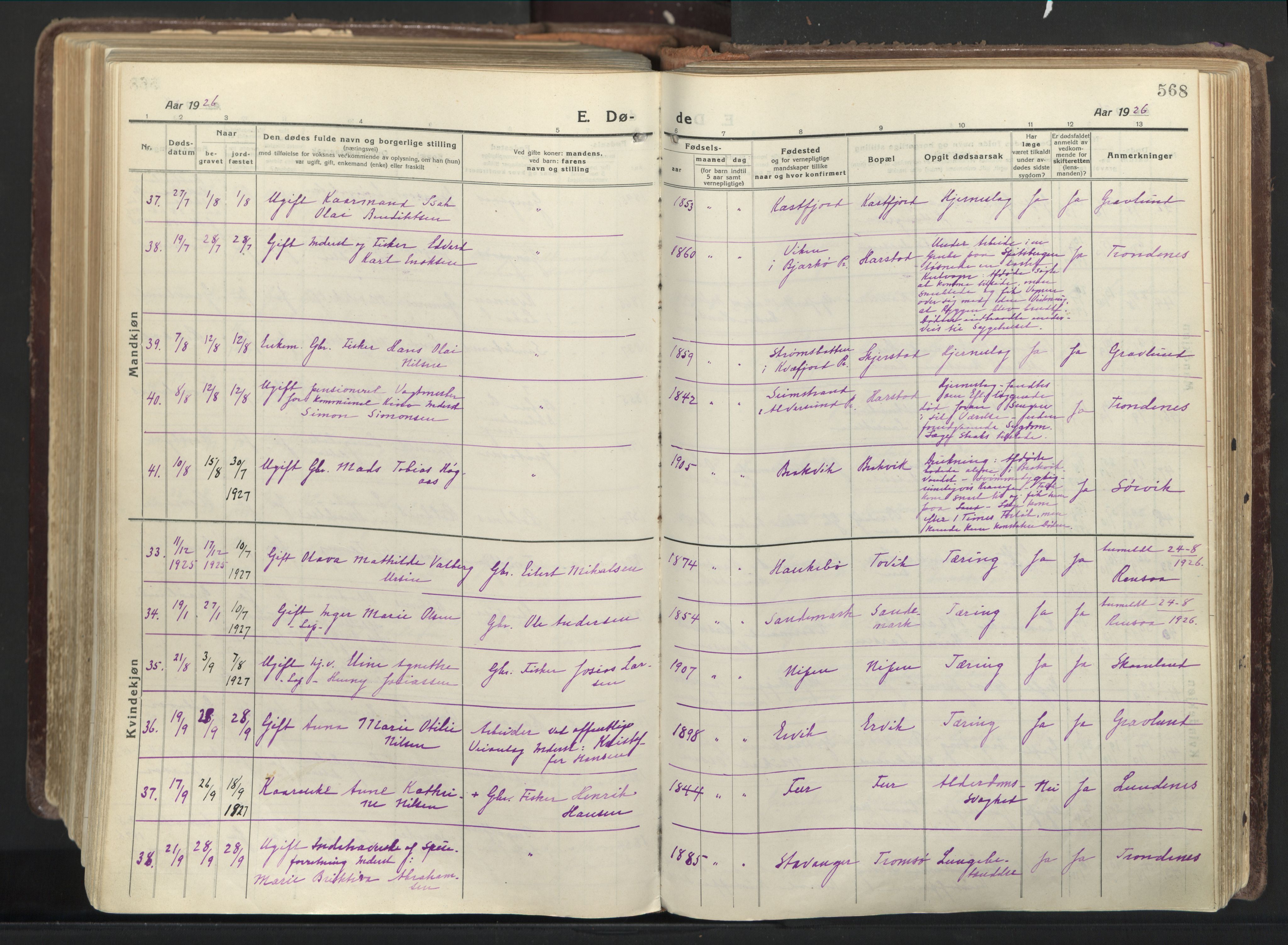 Trondenes sokneprestkontor, AV/SATØ-S-1319/H/Ha/L0019kirke: Parish register (official) no. 19, 1919-1928, p. 568