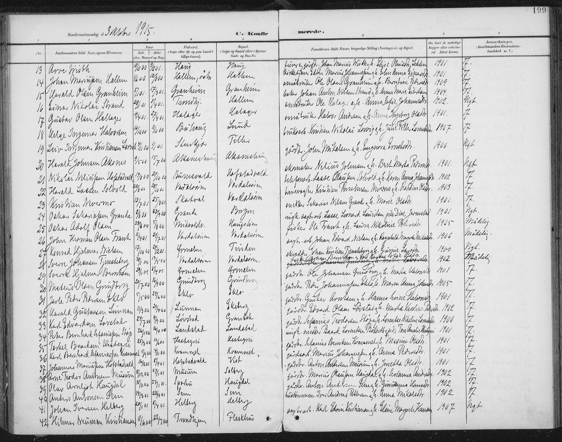 Ministerialprotokoller, klokkerbøker og fødselsregistre - Nord-Trøndelag, SAT/A-1458/723/L0246: Parish register (official) no. 723A15, 1900-1917, p. 199