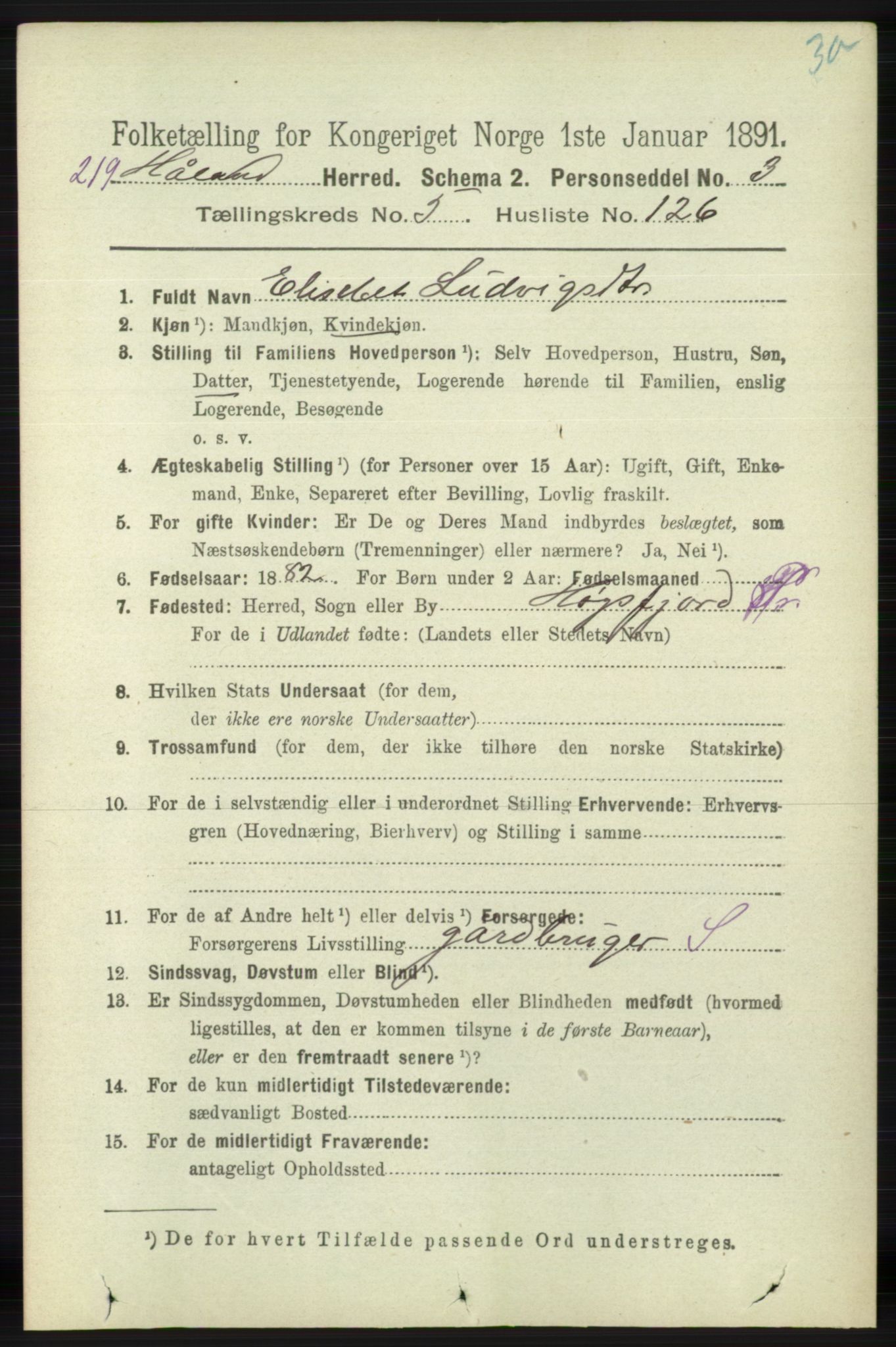 RA, 1891 census for 1124 Haaland, 1891, p. 4055