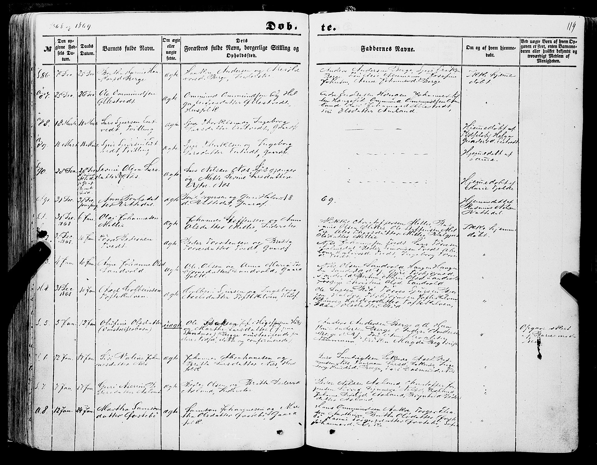 Skånevik sokneprestembete, AV/SAB-A-77801/H/Haa: Parish register (official) no. A 5I, 1848-1869, p. 119