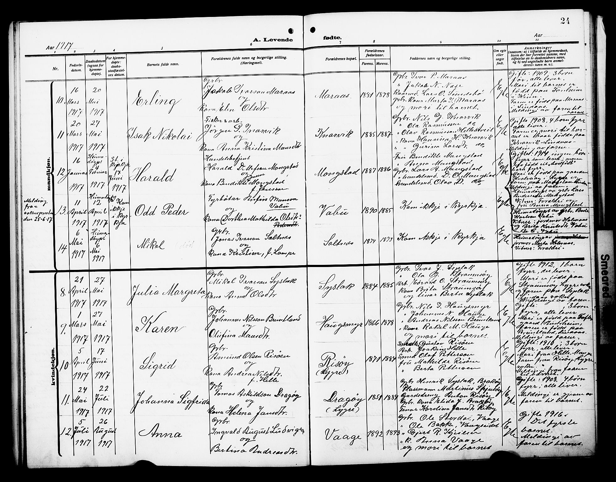 Lindås Sokneprestembete, AV/SAB-A-76701/H/Hab/Habb/L0004: Parish register (copy) no. B 4, 1912-1929, p. 24