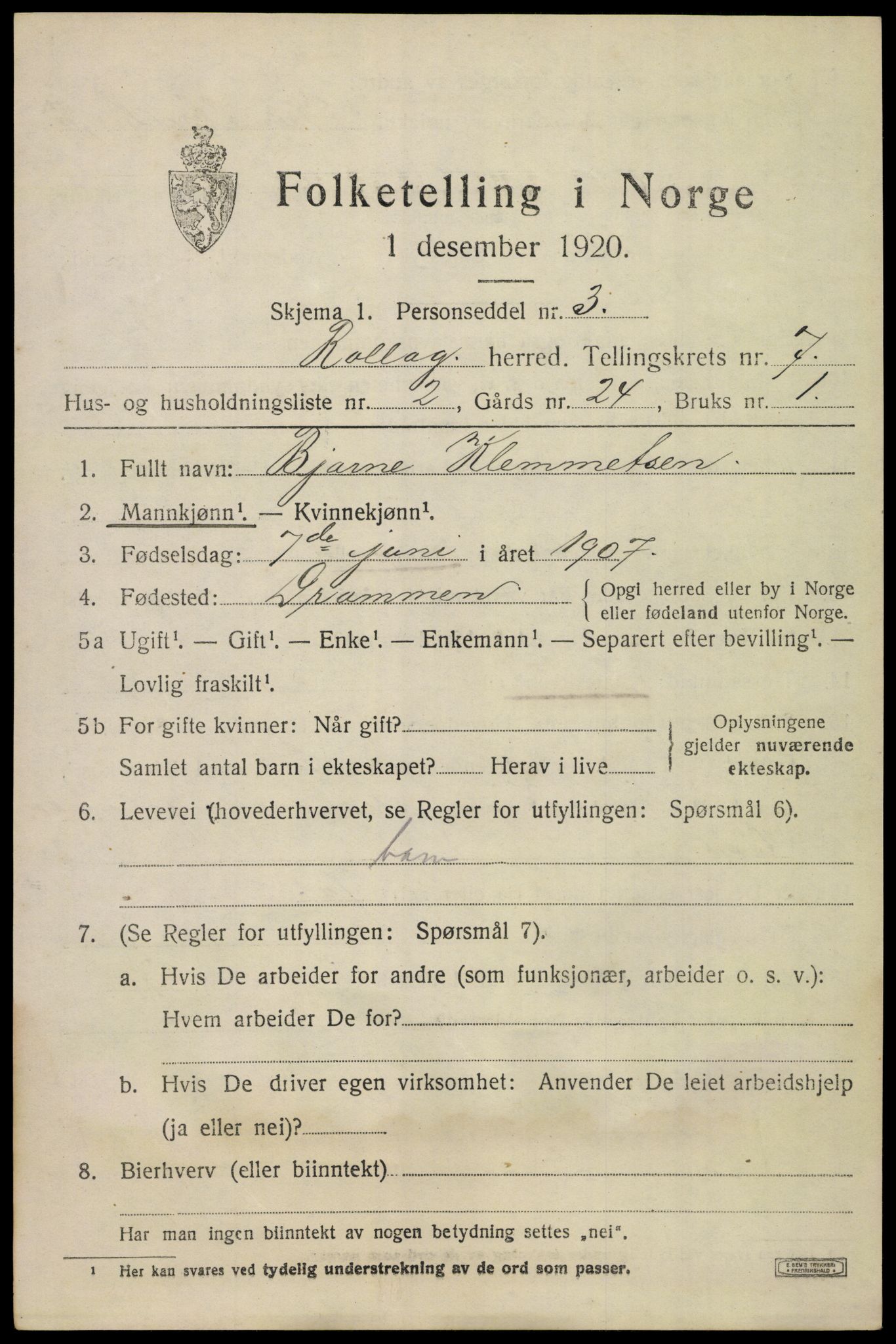 SAKO, 1920 census for Rollag, 1920, p. 2504